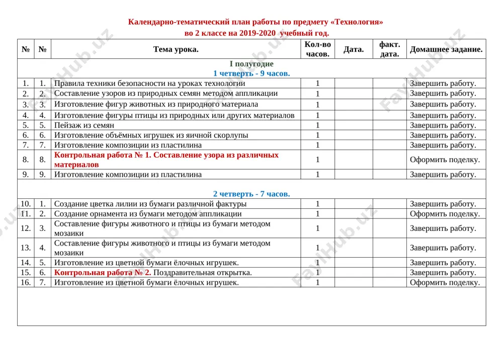 ornamenta 1 zavershit rabotu. 22. 6. chertim kompozitsionniy ornament v forme kruga 1 zavershit rabotu. 23. 7. podgotovka eskiza otkritki k 8 marta 1 zavershit rabotu. 24. 8. risuem na temu «vesenniy prazdnik navruz» 1 oformit podelku. 25. 9. kontrolnaya rabota № 3. geometricheskiy ornament «kovyor» 1 zavershit rabotu. 26. 10. risuem na temu «moya shkola» 1 zavershit rabotu. 4 chetvert - 8 chasov. 27. 1. risuem list dereva 1 zavershit rabotu. 28. 2. lepka skulpturi na osnove skazka «repka» 1 zavershit rabotu. 29. 3. risuem verblyuda 1 zavershit rabotu. 30. 4. risuem na temu «dedushkin sad» 1 zavershit rabotu. 31. 5. lepka skulpturok na osnove skazki «tri tsiplyonka i utyonok» 1 zavershit rabotu. 32. 6. lepka skulpturok na osnove skazki «tri tsiplyonka i utyonok» 1 zavershit rabotu. 33. 7. kontrolnaya rabota № 4. risovanie skazochnix geroev. 1 zavershit rabotu. 34. 8. risovanie po predstavleniyu « zdravstvuy, leto zolotoe!" 1 …