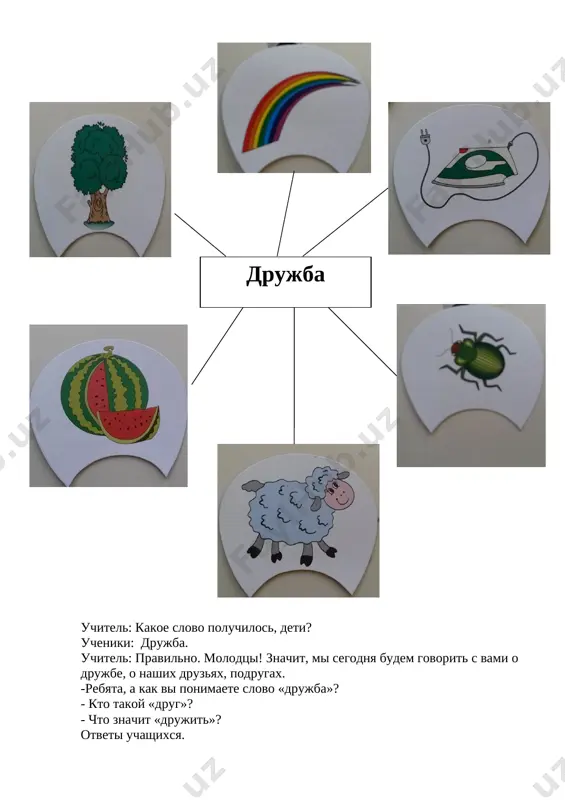 rebyata vse srazu, vse vmeste igrayut. vse: drujit doljni vse na svete! i zveri, i ptitsi, i deti! zatem uchashiesya ispolnyayut pesnyu «nastoyashiy drug». drujba krepkaya ne slomaetsya, ne raskleitsya ot dojdey i vyug. drug v bede ne brosit, lishnego ne sprosit- vot chto znachit nastoyashiy verniy drug. mi possorimsya i pomirimsya, «ne razlit vodoy», - shutyat vse vokrug. v polden ili v polnoch drug pridyot na pomosh- vot chto znachit nastoyashiy verniy drug. drug vsegda menya smojet viruchit, esli chto-nibud priklyuchitsya vdrug. nujnim bit komu-to v trudnuyu minutu- vot chto znachit nastoyashiy verniy drug. 5.itog uroka. vistavlenie i kommentirovanie otsenok. razdayu uchashimsya listochki «refleksiya». [image: ] a gostyam razdayu «solnishko», oni pishut svoi pojelaniya, chto ponravilos na uroke, chto bolshe vsego zapomnilos. [image: ] 6.domashnee zadanie: uprajnenie 3, upr. 4.sostavit predlojeniya s dannimi slovami. uchitel: do svidaniya! jelayu dobrix, iskrennix druzey!!! pro fessii vrach lyot chik xudojnik militsioner port …