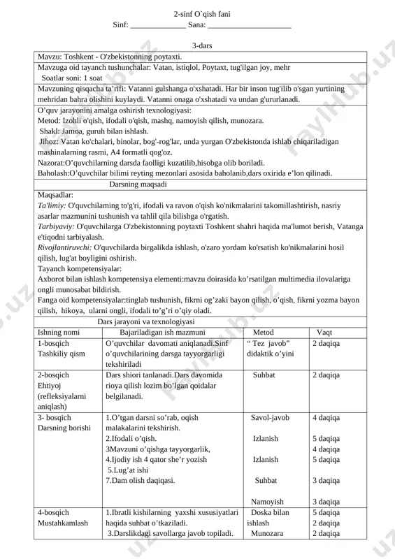 2-bosqich ehtiyoj (refleksiyalarni aniqlash) dars shiori tanlanadi.dars davomida rioya qilish lozim bo’lgan qoidalar belgilanadi. suhbat 2 daqiqa 3- bosqich darsning borishi 1.o’tgan darsni so’rab, oqish malakalarini tekshirish. 2.tez aytish va maqollar aytiladi. 3mavzuni o’qishga tayyorgarlik, muallif haqida ma’lumot beriladi. 4.mavzu animatsiyali lavha orqali taqdim etiladi. 5.lug’at ishi 7.dam olish daqiqasi. savol-javob izlanish izlanish suhbat namoyish 4 daqiqa 5 daqiqa 4 daqiqa 5 daqiqa 3 daqiqa 3 daqiqa 4-bosqich mustahkamlash 1.ibratli kishilarning yaxshi xususiyatlari haqida suhbat o’tkaziladi. 3.darslikdagi savollarga javob topiladi. 4.boshqotirma yechiladi. doska bilan ishlash munozara suhbat izlanish 5 daqiqa 2 daqiqa 2 daqiqa 5 daqiqa 5-bosqich dars yakuni va baholash o’quvchilarning darsda ishtiroki hisobga olinib,reytingi e’lon qilinadi.dars yakunlanadi. baholash 2 daqiqa 6-bosqich uyga vazifa berish mavzuni o’qib o’rganib kelish. tushuntirish 1 daqiqa darsning borishi:tashkiliy qism a) salomlashish; b)siyosiy daqiaqa; v)davomat; dars jarayoni: 1-bosqich. o'qituvchi avvalgi darsda o'rganilgan po'lat mo'minning «vatanjonim, vatanim» nomli she'ri yuzasidan o'zlashtirgan bilimlarini mustahkamlash uchun quyidagi …