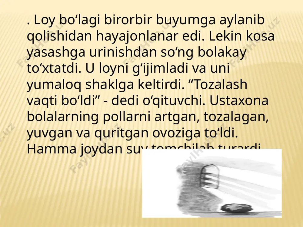 ida loy bo‘laklarini ko‘rdi» c «qizaloq uni ehtiyotkorlik bilan ushladi» d «uning qo‘llari maqsad bilan harakatlanardi 10.hikoyaning boshida va oxirida loy bo‘lagi turli xil hissiyotlarni boshdan kechirdi. ularni tavsiflang. uning his-tuyg‘ulari nima uchun o‘zgarganligini tushuntiring. maqsad: badiiy o‘qish savodxonligi tajribasini orttirish faoliyat: axborotni talqin qilish va umumlashtirish hikoyaning boshida loy bo‘lagi gamg‘in edi. ammo u qizchaning qilgan ishlari tufayli hikoya oxirida xursand bo‘ldi . - boshida gamg‘in va so‘ngida baxtli edi, chunki qiz uni uyiga olib ketdi. u baxtli, chunki undan biror narsa tayyorlashdi, u o‘zini shakli bilan fahrlanadi, u boshqa krujkalar bilan bir qatorda javonda to‘rganligidan fahrlanadi. --u baxtli edi, chunki u foydali buyumga aylandi. - u hikoya boshida o‘ziga yoqmas edi lekin keyin qiz uni chiroyli narsaga aylantirdi. 11.kichkina qizaloq - bu hikoyaning muhim qahramoni. nima uchun sodir bo‘lgan barcha narsalarda uning roli juda muhimligini tushuntiring. maqsad: badiiy o‘qish savodxonligi tajribasini orttirish faoliyat: axborotni talqin qilish va umumlashtirish …