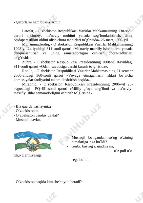 izuvchi odam ma’nosini anglatadi. - hozir men sizlarga «musavvir qorbobo»ni o`qib beraman. - hamma diqqat bilan quloq solib turadi. [image: so00166_] «musavvir qorbobo» jamila haydarova ertalab turib qarasam, derazaga birov gul chizibdi. - voy, buncha chiroyli ! – dedim sevinib. – oyijon, qaranng, derazaga kimdir gul chizibdi. - qorbobo chizgandir, - dedilar oyim kulimsirab. - qorbobo keldilarmi? nega meni uyg`otmadingiz? – dedim. - ha, qorbobo keldi. mana, senga bir talay sovg`alar tashlab ketdi. «baxtiyor yaxshi o`qiyaptimi, baholari qanday?» dedi. kundalik daftaringni ko`rib, «balli» deb, seni maqtadi, «faqat yozuvi uncha chiroyli emas, chizgan rasmlari ham chala, bo`yamabdi ham», dedi. men darov daftarlarimni ochib qaradim. haqiqatdan ham, yozuvlarim o`zimga yoqmadi. chizgan rasmlarimni ko`rib, o`zim uyalib ketdim. - oyijon, qorbobo yana keladilarmi? -«albatta, yana kelaman», deb ketdi. - qorbobo kelgunlaricha men yozuvlarimni tuzataman. endi toza va chiroyli qilib yozaman, rasmlarni bo`yab, chiroyli qilib qo`yaman, - dedim. so`ng derazadagi rasmlarni yana diqqat bilan tomosha …