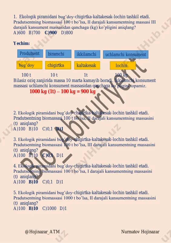 tov hojinazar bu bosqichda- birinchi bosqichda hosil bo’lgan glukoza molekulalari parchalanishda davom etadi. yodlashingiz kerak bo’lgan ma’lumotlar!!! 1 ) 2 ta sut kislata hosil bo’ladi 2) 2 ta atf molekulasi hosil bo’ladi 3) 2 ta suv ( atf hisobiga) hosil bo’ladi (10-sinf) 4) jami 200 kj energiya hosil bo’ladi (ajraladi) 5) 120 kj energiya (60%) issiqlik sifatida tarqaladi 6) 80 kj energiya (40%) atf bog’larida to’planadi nomlari: anaerob parchalanish, chala parchalanish, bijg’ish, achish, kislorodsiz parchalanish, to’liqsiz parchalanish, sitoplazmada parchalanish uchinchi bosqich bu bosqichda ikkinchi bosqichda hosil bo’lgan ikkita sut kislatasi parchalanishda davom etadi. glukoza sut kislata sut kislata atf atf 200 kj sut kislata sut kislata co2 h2o co2 co2 co2 co2 co2 h2o h2o h2o h2o h2o 36 ta atf 2600 kj suv suv 36 ta suv @hojinazar_atm nurmatov hojinazar yodlashingiz kerak bo’lgan ma’lumotlar!!! 1 ) 6 molekula co2 hosil bo’ladi 2) 42 ta suv (36 tasi atf hisobiga) …