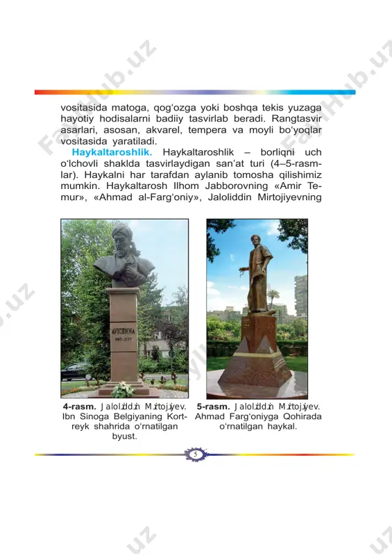 joylashtirib olishingiz kerak. naturmort 16 chizish bosqichlarida barcha narsalarni bir yo‘la tas- virlab borish lozim. aks holda bir jismning o‘lchovi kattaroq va ikkinchisiniki kichikroq bo‘lib, buyumlar- ning nisbati, o‘zaro munosabati, rasm kompozi tsiyasi buzilishi mumkin. shuning uchun naturmortdagi bar- cha narsalarning umumiy balandligi va eni qog‘ozga yordamchi chiziqlar bilan belgilab olinadi. naturmort ishlash jarayonida, avvalo, uning yoritil- ganlik darajasiga e’tibor qaratiladi. soya, yarim soya, to‘q soya, yorug‘ joy va refl eks ajratib olinadi. ularni belgilashda quyidagi holatlarga e’tibor qarating: 1. narsalar sirtida eng ko‘p yorug‘lik qaytayotgan joy yorug‘, yaltiroq joy deb ataladi. odatda, chinni, shi- sha, sirlangan buyumlarning yorug‘lik eng ko‘p tu shib turgan joyi yaltirab turadi. 2. narsalarning soya qismi oxiridan yorug‘likning sinib qaytishi refl eks deyiladi. 3. narsalardagi soyaning boshlang‘ich qismi yarim soya, asosiy qismi – to‘q soya deb ataladi. 4. buyumdan tekislikka tushayotgan soya tushuv- chi soya deyiladi. ranglar bilan ishlashda avval yorug‘ joylarini och ranglarda bo‘yash …