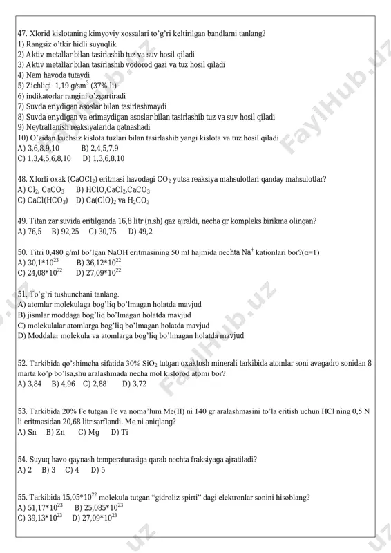 ng? a) 44 b) 50 c) 36 d) 64 43. xh2so4*yso3 oleumning 357 gramm miqdori 443 gramm suvda eritilganda,olingan eritmadagi (1,6 g/sm 3 ) sulfat anionlari konsentratsiyasi 8,25 m bo’ldi. dastlabki oleum tarkibini aniqlang? a) h2so4*1,5so3 b) h2so4*2so3 c) h2so4*1,75so3 d) h2so4*0,75so3 44. qaysi reaksiya(lar) o’z-o’zidan boruvchi oksidlanish qaytarilish reaksiyasiga kiradi? 1) s+koh→k2s+k2so3+h2o 2) no2+koh→kno3+kno2+h2o 3) h2mno4→hmno4+mno2+h2o 4) kno3→kno2+o2 a) 1,3,4 b) 4 c) 2,4 d) 1,2,3 45. (mg)=38,4% bo’lgan necha gramm mg+fe aralashmasi cuso4 100 ml (p=1,5) 57,6 % li eritmasi bilan qoldiqsiz reaksiyaga kirishadi? a) 17,5 b) 20 c) 22,5 d) 25 46. β-yemirilishda radioaktiv element massasi va zaryadi qanday o’zgaradi? a) zaryadi 1 birlikka kamayadi,massasi o’zgarmaydi b) zaryadi 1 birlikka kamayadi, massasi 1 birlikka ortadi c) zaryadi 1 birlikka ortadi,massasi o’zgarmaydi d) massasi va zaryadi 1 birlikka kamayadi 47. xlorid kislotaning kimyoviy xossalari to’g’ri keltirilgan bandlarni tanlang? 1) rangsiz o’tkir hidli suyuqlik 2) aktiv metallar bilan tasirlashib …