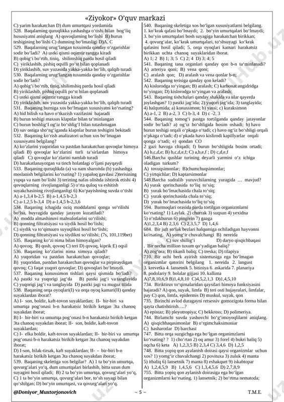 ochilari erkagidan kichikroq; 340. askaridaning ayirish va nerv sistemasi qaysi hayvonikiga o‘xshash tuzilgan? a) korall poliplarnikiga b) gidrasimonlarnikiga c) daryo qisqichbaqasinikiga d) oq planariyanikiga 341. askaridaning ichagi…? a)bir uchi yopiq; b)ser shoxli; c)anal teshigi bilan tugaydi; d) yo‘q 342. askaridaning jinsiy sistemasi bir uchi berk ingichka naychaga o‘xshash bo‘lib, tana bo‘shlig‘ida ... holda joylashgan. a) duksimon b) naysimon c) taxlangan d) buralgan 343. askaridaning lichinkasi qon orqali o‘pkaga borishdan oldin qaysi organlardan o‘tib boradi? a) jigar, taloq; b) jigar, yurak; c) taloq, buyrak; d) ichakdan to‘gri o‘pkaga boradi. 344. askaridaning tuxumi qayerga tushadi va undan chiqadigan lichinkalar qancha vaqtda rivojlanadi? 1) suvga; 2)nam joyga; 3) odam ichagiga; a) 2-3 kun; b) 4-5 kun; v) 2-3 hafta a) 3-b b) 1, 2- b c) 2-v d) 3-a 349. asosiy ovlanadigan baliqlarni ko‘rsating? 1) zog‘ora 2) oq amur 3) soxta kurakburun 4) oqcha 5) xumbosh 6) oq sla 7) ilonbosh a) 1,2,4,5,6 …