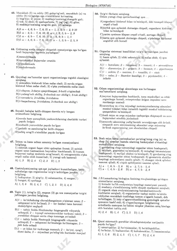 d l qongo so'giladi? l) alburrrirr; 2) glikogen; 3) kgaxrrral; 4) alalrin; 5) suv; 6) globulin; 7) lizin; 8) valin l) 1,2,8 v) 4,7,8 .s) 3, 5,7 d\ 2, 5,6 34. mitoz va preuoz bobqichlari uctrun rnos holatlmni belgilang. l ) plotbza; 2) rrofza l; 3) prolbza ll; a) xl,r)rrrostrrrtalats, diploid to'pl itsa e8a; ) se[tiiolalar ikki qutgd td,qaladi; s) xroptosopralar 8aploid to'rlshpga ega; d) gonrologik xgotsrosomolaida genlar alprashinadi; s) xroprosopra,lsh, sitoplazmada joylaýhadi a) 1-s;2-;3 _ 7,8, 10; li: a- 6,9;- 1,5 d)i: a- 4,6; - 7,8, 10; ii: a- 1,3;- 2, 5,9 44. gid.raripg soxta oyoqlar shiqagish xususiyatigs ega bo'lgalt bezli hchjauriat qayerda jouiashgal? a)pezodermada b)teri-mubkuj hujsura,lar o.aýida c)ektodermada g) ) ep dodet-rnada 45. quyida8i ma'lumotla.t qaysi otganjzmlalga tegishli ekanligini a,niqlang. 1) atmosfera kislotodi bilan nafas ola.di; 2) suvda egigap kislotod bilan nb"fas oladi; 3) o'pka uordayida tsafas 'aai a) l-clrayon; 2-daruo qisqic,fibqasi; 3-butji otgimchak v) 1,uiapg'osh bhilliq; 2-chuchuk …