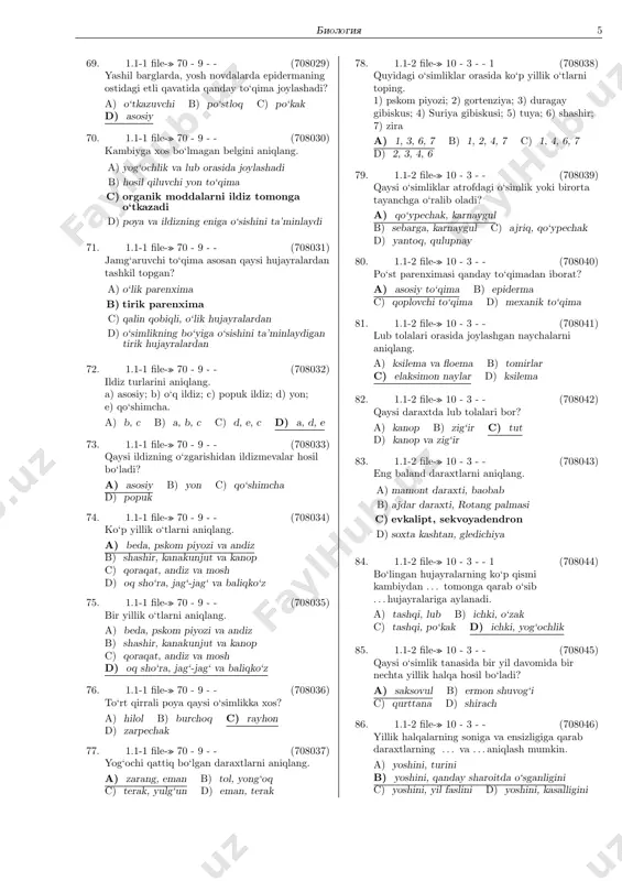 mlar; 6) viruslar. a) 1, 2, 3 b) 2, 4, 6 c) 4, 5, 6 d) 1, 3, 5 2465. 5.5-1 file-� 74 - 2 - - (305235) yadro va sitoplazmaning kimyoviy tarkibidagi farqni nima saqlab turadi? a) hujayra qobig‘i b) organik birikmalar c) yadro qobig‘i d) dnk va rnk 2466. 5.5-1 file-� 74 - 2 - - (305236) invaginatsiya gipotezasiga ko‘ra eukariot hujayra nimadan kelib chiqqan? a) ko‘p hujayralilardan b) prokariotlardan c) xloroplastlardan d) bir hujayralilardan 2467. 5.5-1 file-� 74 - 2 - - (305237) ko‘p genomli taxmin nima bilan isbotlanadi? a) u haqiqatga yaqin b) yadro va sitoplazmada plastik jarayonlarning o‘xshashligi c) murakkab genomga ega bo‘lishi d) genomning ayrim elementlarni to‘plashi 2468. 5.5-1 file-� 74 - 2 - - (305238) simbioz gipotezasiga ko‘ra mitoxondriya nimadan kelib chiqqan? a) aerob prokariotlar b) anaerob prokariotlar c) aerob eukariotlar d) anaerob eukariotlar 2469. 5.5-1 file-� 74 - 2 - - (305239) …