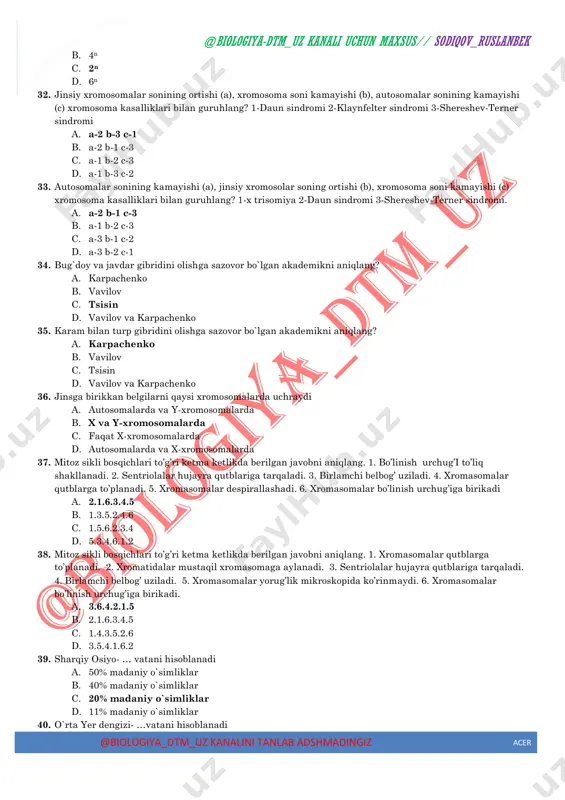 k qiladi, geterozigotali organizmlar to`lqinsimon sochlarga ega. o`ng qo`llik chap qo`llik ustidan to`liq dominantlik qiladi. quloqning yaxshi eshitishi esa karlik ustidan dominantlik qiladi. kar bo`lmagan, o`ng qo`lli, jingalak sochli ayol (ikki belgisi bo`yicha geterozigota) yaxshi eshitadigan, chap qo`lli to`lqinsimon sochga ega erkak bilan turmush qurdi. tug`ilishi mumkin bo`lgan bollarni aniqlang. 1)yaxshi eshitadgan o`ng qo`lli to`lqinsimon sochli; 2) kar o`ng qo`lli to`lqinsimon sochli a. 1) 9/16; 2) 1/16 b. 1) 1/16; 2) 3/16 c. 1) 3/16; 2) 3/16 d. 1) 3/16; 2) 1/16 28. odamda sochning jingalakligi silliqligi ustidan noto`liq dominantlik qiladi, geterozigotali organizmlar to`lqinsimon sochlarga ega. o`ng qo`llik chap qo`llik ustidan to`liq dominantlik qiladi. quloqning yaxshi eshitishi esa karlik ustidan dominantlik qiladi. kar bo`lmagan, o`ng qo`lli, jingalak sochli ayol (ikki belgisi bo`yicha geterozigota) yaxshi eshitadigan, chap qo`lli to`lqinsimon sochga ega erkak bilan turmush qurdi. tug`ilishi mumkin bo`lgan bollarni aniqlang. 1)yaxshi eshitadgan chap qo`lli jingalak sochli; 2) kar o`ng qo`lli jingalak …