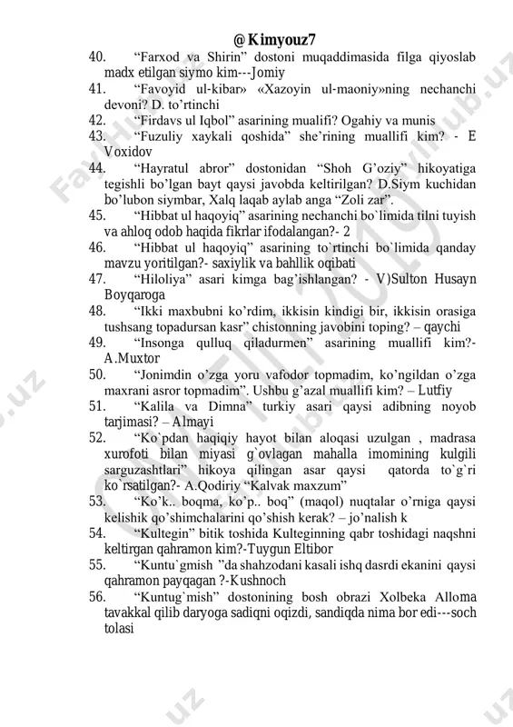 n, aql bilan ish ko`radigan bola deya ta`riflangan? – gurkiboy 59. “kuntug`mush ” dostonida qaysi qahramon shaddod , biroz quv yigit deb ta`riflanadi?- mohiboy 60. “kuntug`mush”da xolbeka sandiqqa nimalarni soladi ?-surta , soch tolasi , uzuk , noma 61. “kuntug’mish” dostonida holbeka sovchilarga qanday shart qo’yadi – nard o’yini 62. “kuntug’mish” dostonida zangor podishosi holbekani o’ziga turmushga chiqish uchun . - holbekani olgan kishimi jazoga maxkum etadi 63. “kuntug’mish” dostonidagi bahragul . - holbekaning kanizi 64. “layli va majnun” dostonida ilgari surilgan etakchi g’oya nima? sevgiga sadoqat, shaxs erki 65. “layli va majnun”dostonida ilgari surilgan etakchi g’oya nima? - s)sevgiga sadoqat,shaxs erki 66. “mabdai nur”, “kimyo” asarlarining muallifi qaysi qatorda berilgan—mashrab 67. “mabdayi nur”, “kimyo”kabi badiiy-falsafiy, diniy ahloqiy asarlari muallifi. mashrab 68. “mafosil zahmati jihatdan namoz qila olmas edi, ro`za ham tutmas edi. xarrof va xushhulq kishi edi. ba`zi muomalaga sharni bisyor qilur edi ” “boburnoma”da keltirilgan ushbu parchada kim …