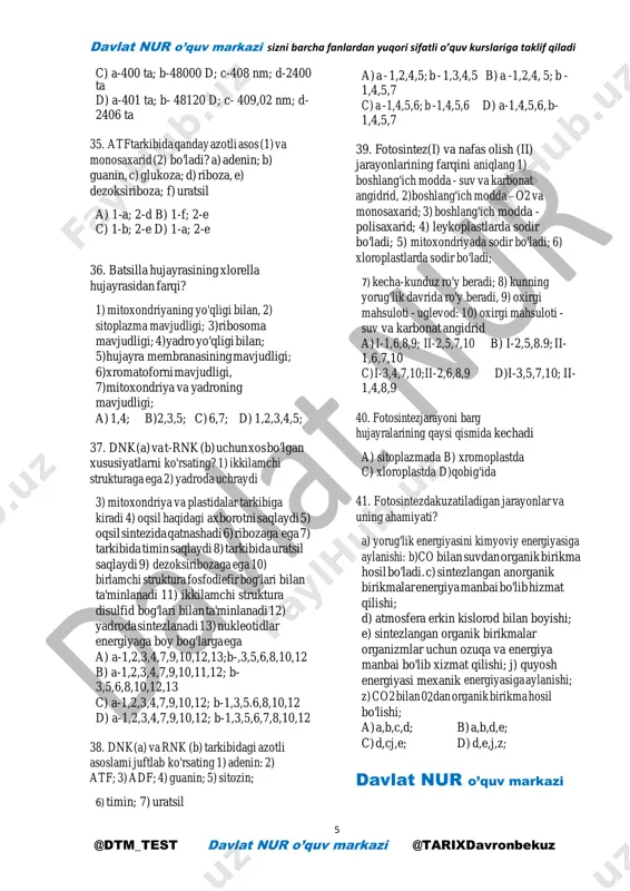 dalarni co2 va suvgacha parchalanishi 3.organik moddalarni kislorod yordamida parchalanishi 4.organik moddalarni kislarodsiz parchalanishi 5.bakterlyalar faoliyatida uchraydi6.zamburuglarfaoliyatida uchraydi7.bu jarayon natijasida sut kislata hosil bo'ladi 8.jarayon natijasida sirka kislata hosil bo'ladi 9.jarayon natijasida spirt hosil bo'ladi a)2,3,4,9 b)4,5,6,8 c)1,2,3,6,7 d)1,3,5,9 31. gomeostazto'g’risidagi tarifni to’g’ri tanlang. a)organizm o'zgaruvchan tashqi muhit sharoitlariga javoban kimyoviy tarkibining va fiziologik jarayonlarning borishini ma'lum meyorda ushlab turishi b)organizm o'zgaruvchan tashqi muhit sharoitlariga javoban kimyoviy tarkibining keskin o'zgarishi va fiziologik jarayonlarning borishini ma'lum meyorda ushlab turishi c)organizm o'zgaruvchan tashqi muhit sharoitlariga javoban kimyoviy tarkibining va fiziologik jarayonlarning borishini keskin darajada o'zgarib ketishi d)organizm o'zgaruvchan tashqi fnuhit sharoitlariga javoban fiziologik jarayonlarning borishini malum bir meyorda ushlab turish va kimyoviy tarkibini keskin darajada o'zgarishi 32. dnkdan sintezlangan irnk tarkibidagi adenin va uratsillar 60%ni tashkil qiladi. shu dnk tarkibidagi vodorod bog'lar soni 432ta bo'lsa, undan sintezlangan irnk nechta aminokislotadan iborat bo'lgan polipeptidni kodlaydi?a)60 b)40 c)80 d)180 33. quyidagiqaysi jarayonlar fotosintezda kuzatilmaydi? …
