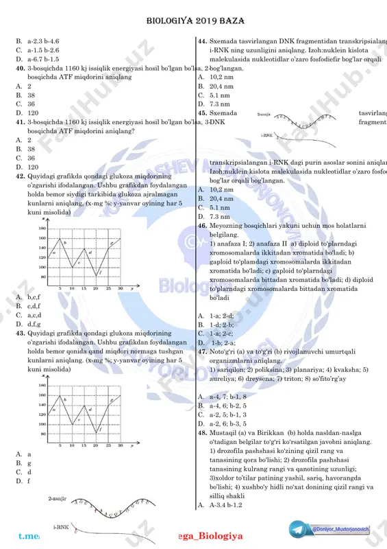 lari hosil qiladi. a. a-2,3,5,8; b-1,4,6,7 b. a-1,3,5,7; b-,2,4,6,8 c. a-1,4,6,7; b-2,3,5,8 d. a-2,4,6,8; b-1,3,5,7 23. gelikonius (a) va gledichiya (b) uchun xos bo’lgan xususiyatlarni ko’rsating. 1)qo’shni hujayralarning endoplazmatik to’rlari bilan tutashgan. 2) tuxum hujayra meyoz usulida hosil bo’ladi. 3) mitoxondriyalarida aerob parchalanish kuzatiladi. 4) hujayra qobig’iga ega emas. 5)kraxmal parchalanishidan glyukoza hosil bo’ladi. 6)translyatsiya jarayoni sitoplazmada sodir bo’ladi. a. a-2,4; b-1,5; b. a-3,6; b-2,5; c. a-1,5; b-3,6; d. a-3,5; b-2,6 24. gelikonius uchun xos bo’lmagan xususiyatlarni ko’rsating. 1)qo’shni hujayralarning endoplazmatik to’rlari bilan tutashgan. 2) tuxum hujayra meyoz usulida hosil bo’ladi. 3) mitoxondriyalarida aerob parchalanish kuzatiladi. 4) hujayra qobig’iga ega emas. 5)kraxmal parchalanishidan glyukoza hosil bo’ladi. 6)translyatsiya jarayoni sitoplazmada sodir bo’ladi. a. 3,6; b. 2,4; c. 1,5; d. 3,4; 25. baobab uchun mos keluvchi belgilarni aniqlang. 1) hayotiy shakli buta 2) burchoqdoshlar oilasi vakili 3) oilasining gul formulasi gk(3)+(5) gt5 ch (~) u(~) 4) ochiq urug’li o’simlik 5) habashiston biogeografik …