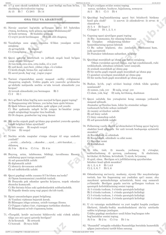 larini o'rganish a) 1,3,5,7 b) 1,2,3 c) 3,4,6 d) 2,4,6 20. changchilari tojibarglari hosil qilgan nayda joylashgan navlarni ko`rsating. a) sanzor, ulug`bek-600, omad b) nimrang, samarqand, obidov c) toshkent-1, omad, buxoro-34 d) daroyi, obidov, omad 21. butli o'rgimchak ikkinchi juft og'iz a’zosining yurish oyoqlaridan farqini aniqlang? a) yurish oyoqlari birmuncha kaltaligi b) tuyg'u vazifasini bajaradi c) bo'g'imlarga bolinganligi d) ta’m bilish vazifasini bajaradi 22. bir juft noallel genlar bilan ifodalanuvchi bitta belgisi bilan keskin farq qiluvchi ikki organizm o'zaro chatishtirilgandan so'ng f2 da fenotipik nisbat 1:4:6:4:1 bo'lsa, ushbu chatishtirishda f2dagi avlodning necha foizi genotip jihatdan birinchi avlod duragaylariga o'xshash bo'ladi? a) 25% b) 93,75% c) 6,25% d) 75% 23. getratrof oziqlanuvchi eukariod(a) va prokariot(b) organizmlani aniqlang. 1.shumg`iya 2. pichan bakteriyasi 3.agrobakterium 4. refleziya 5.temir bakteriyasi 6.nintella 7.floks 8.devpechak a) a-6,8 b-3,5 b) a-4,1 b-2,3 c) a-1,7 b-2,5 d) a-6,7 b-3,5 24. stabillashtiruvchi tanlanish natijasida qanday o’zgarish sodir bo’ladi? a) o’zgargan …