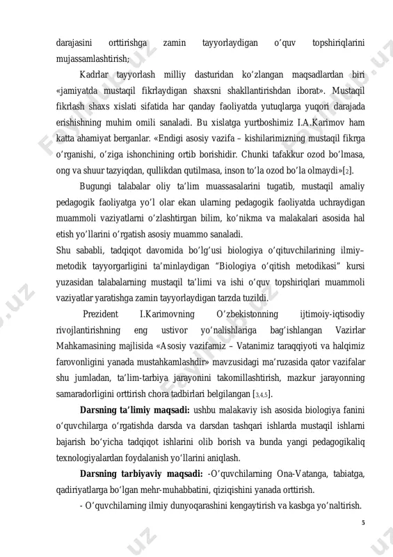 uvchilarning ona-vatanga, tabiatga, qadiriyatlarga bo‘lgan mehr-muhabbatini, qiziqishini yanada orttirish. - o’quvchilarning ilmiy dunyoqarashini kengaytirish va kasbga yo’naltirish. 6 tadqiqot ob’ekti: umumiy o’rta ta’lim maktablari, akademik litsey, kasb- hunar kollejlari o’quvchilari uchun tashkil etiladigan sinfdan tashqari darslar. tadqiqot predmeti: sinfda va sinfdan tashqari darslarning turlari, xususiyatlari, o’quvchilarning bilim darajasini mustaqil tadqiqot predmetini belgilaydi. tadqiqot metodlari: kuzatish, suhbat, kichik guruhlarda ishlash,ekskursiya va dala tajribalari, morfologik, fenologik, fiziologik, statistik metodlar. tadqiqot natijalarining ilmiy va amaliy ahamiyati. sinf va sinfdan tashqari darslarning bilish jarayonini aktivlashtirishi o’rganildi va tavsiyalar tayyorlandi.tadqiqot natijalaridan oliy o`quv yurtlarida, kollej va litseylarda, maktablarda biologlar tomonidan o`quv jarayonlarida noan’anaviy dars sifatidada mustaqil ishlarni bajarish orqali qo`llaniishi mumkin. ishning sinovdan o`tishi. bitiruv malakaviy ishi ajiniyoz nomidagi nukus davlat pedagogika institute tabiiy fanlar fakulteti biologiya o‘qitish metodikasi kaferdasi majlisida muhokamadan o’tdi.[19,28]. bitiruv malakaviy ishining tuzilishi va hajmi. bitiruv malakaviy ishi: kirish. i.vov.adabiy ma’lumotlarga qisqacha tushincha. ii.vov. biologiya fani va mustaqil ishlarning turlari.2.1. sinfda …
