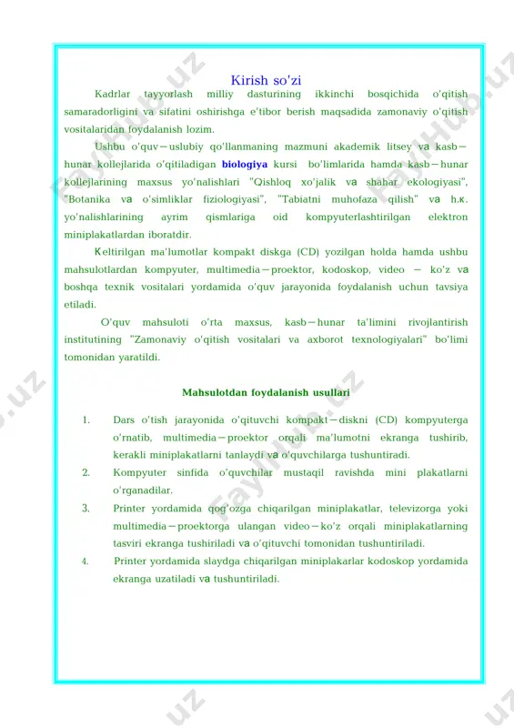 lazmatik to‘r; 22-xloroplast. hujayra barcha o‘simliklarning asosaiy strukturasi va fiziologik birligi hisoblanadi. uning sellyuloza po‘sti (membranasi), organoidlar (yadro, yadrocha, plastida va boshqalar) joylashgan sitoplazmasi, ichida hujayra shirasi bor vakuollari bo‘ladi. hujayra po‘sti unga shakl beradi va tashqi sharoit ta’siridan saqlaydi. hujayralar po‘sti orasida ularni bir-biriga birlashtirib turadigan hujayralararo modda bo‘ladi. sitoplazmada hujayraning barcha organoidlari joylashgan bo‘ladi. yadroning tuzilishi va tarkibi murakkab bo‘ladi. sitoplazma bilan yadro tirik hujayraning eng muhim qismidir. sitoplazmada plastidalar-har-xil shakldagi donador qo‘shimcha organoidlar hosil bo‘ladi, o‘simliklarning yoki ular organlarining rangi ana shu plastidalarga bog‘liq. hujayraning tuzilishi 8 1-lizosoma; 2-ribosomalar; 3-mitoxondriyalar; 4-golji kompleksi; 5-sentriol; 6-g‘adir-budir endoplazmatik to‘r; 7-yadro; 8-yadroning membranasi; 9-yadrocha; 10-xromatik; 11-vakuol; 12-silliq endo plazmatik to‘r; 13-sitoplazma membranasi; 14-sitoplazma; 15-pinositoz pufakcha. hujayraning tuzilishi 9 hujayra - barcha tirik organizmlarning o‘zidan ko‘payish va o‘zini boshqarishxususiyatlariga ega struktura-funksional birligi; elementar tirik sistema. har bir hujayra ikki asosiy qism: yadro va sitoplazmadan tashkil topadi. sitoplazmada hujayraning barcha organoidlari joylashgan bo‘ladi. …