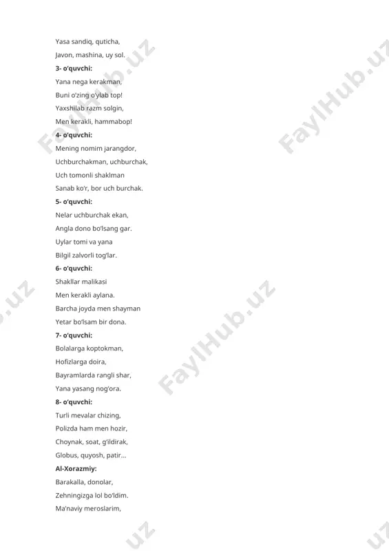 aziz ishtirokchilari, shu bilan tadbirimiz o‘z nihoyasiga yetdi. 2- boshlovchi: — barchangizga faol ishtirokingiz va e’tiboringiz uchun tashakkur aytamiz! xayr, salomat bo‘ling! matluba shodiyeva, qashqadaryo viloyati xtxqtmoi katta o‘qituvchisi.