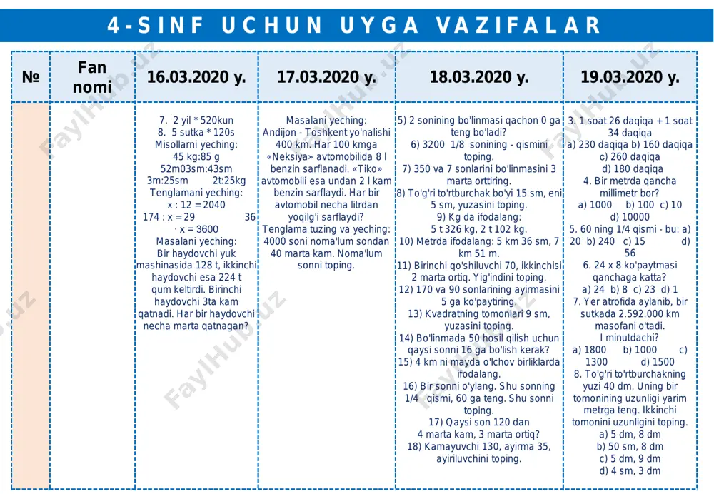 18) kamayuvchi 130, ayirma 35, ayiriluvchini toping. 3. 1 soat 26 daqiqa + 1 soat 34 daqiqa a) 230 daqiqa b) 160 daqiqa s) 260 daqiqa d) 180 daqiqa 4. bir metrda qancha millimetr bor? a) 1000 b) 100 c) 10 d) 10000 5. 60 ning 1/4 qismi - bu: a) 20 b) 240 c) 15 d) 56 6. 24 x 8 ko'paytmasi qanchaga katta? a) 24 b) 8 c) 23 d) 1 7. yer atrofida aylanib, bir sutkada 2.592.000 km masofani o'tadi. i minutdachi? a) 1800 b) 1000 c) 1300 d) 1500 8. to'g'ri to'rtburchakning yuzi 40 dm. uning bir tomonining uzunligi yarim metrga teng. ikkinchi tomonini uzunligini toping. a) 5 dm, 8 dm b) 50 sm, 8 dm c) 5 dm, 9 dm d) 4 sm, 3 dm 4 - s i n f u c h u n u y g a v a z i f …