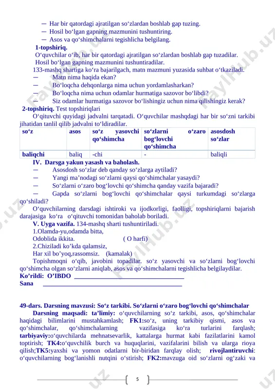 ish; tk3: o‘zining xato va kamchiliklarini to‘g‘ri tushunish, o‘zini nazorat qila olish va xatolarini tuzatishga harakat qilish; tk4: o‘quvchilik burch va huquqlarini, vazifalarini bilish va ularga rioya qilish; tk5: yaxshi va yomon odatlarni bir-biridan farqlay olish; rivojlantiruvchi: o‘quvchilarning bog‘lanishli nutqini o‘stirish; tk2: media vositalridan, didaktik materiallaridan foydalanish; fk2: mavzuga oid so‘zlarni og‘zaki va yozma nutqda o‘rinli qo‘llay oladi, nutqda so‘zlarning grammatik shakllaridan to‘g‘ri foydalana olish. dars turi: mustahkamlovchi dars. darsning metodi: suhbat, analiz, ta’limiy o‘yin, mustaqil ish metodi. darsning jihozi: mavzuga oid rasmlar, multimedia ilovalari. darsning borishi: i.tashkiliy qism.ii.o‘tilgan mavzuni mustahkamlash. husnixat daqiqa: asaldan shirin, zahardan achchiq. (so‘z, gap) 131-mashq sharti asosida bajarilganligi tekshiriladi. mashq matni mazmuni yuzasidan quyidagi savollarga javob olinadi. bu o‘quvchilarning mashq matniga ongli munosabatlarini ta’minlaydi, nutqini o‘stiradi. · qadimda odamlar dastxatlarini nimalarga yozishgan? · hozir ishlatilayotgan qog‘ozlar qayerda ixtiro qilingan? · xitoyliklar qog‘oz tayyorlashni hammaga o‘rgatishganmi? · xitoydan so‘ng qayerliklar qog‘oz tayyorlashni o‘rganib olishdi? · qog‘ozning …