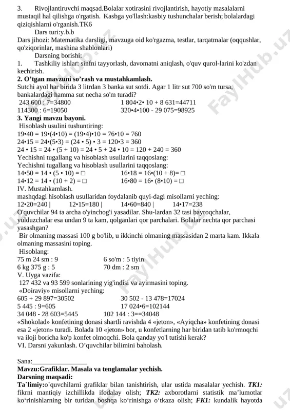 rni o‘quv vaziyatlarda qo‘llay olish va yangi bilimlar hosil qila olish darsning borishi: i.tashkiliy qism. o‘quvchilar bilan salomlashiladi. davomat aniqlanadi.o`quvchilarning darsga tayyorgarliklarini ta`minlanadi. ii. o`tilgan mavzuni mustahkamlash. o`tilgan mavzuni mustahkamlashda “tez javob” o‘yinidan foydalaniladi. bunda o`qituvchi qator oralab yurib, o‘quvchilardan birini turg‘izadi va biror bir nomni aytadi. masalan, geometrik shakllar deb, o‘quvchi shu shaklga kiruvchi javob topib aytishi lozim. javob uchgacha sanaguncha aytilishi kerak. javob berolmagan o‘quvchi o‘yindan chiqadi. · uchburchak turlarini ayting. · to`g`ri burchakli, o`tkir burchakli, o`tmas burchakli, teng yonli, turli tomonli, teng tomonli uchburchaklar, kabi. · toq sonlar. · 15,11,13,17,71…. · tub sonlar. · 5, 7, 9, 11, 17, 19…. bunday o‘yin davomida o‘quvchilarda hozirjavoblik, mustaqil fikrlash malakalari rivojlanadi, atrof-muhitni sinchkovlik bilan kuzatishga o‘rganadi, atrofdagi sodir bo‘ladigan hodisalarga qiziqishi ortadi. iii. yangi mavzuning bayoni: yangi mavzu 480 – topshiriq asosida ekranda tushuntiriladi. ekran orqali bo`rining o`sish grafigini ko`rib chiqiladi. nima uchun nuqtalar bir – biri bilan silliq …