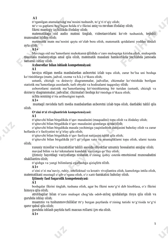 oslangan holda shaxsiy rejalarni tuza olish; murakkab bo‘lmagan hisoblashlarda hisoblash vositalardan foydalana olish. 4-sinf (170 soat, a1+: 238 soat) o‘quvchilarda shakllantiriladigan tayanch kompetensiya elementlari: kommunikativ kompetensiya: 5 a1 o‘rganilgan atamalarning ma’nosini tushunib, to‘g‘ri o‘qiy olish; so‘z va gaplarni bog‘lagan holda o‘z fikrini aniq va ravshan ifodalay olish; fikrni mantiqiy izchillikda ifodalay olish; matematikaga oid audio matnni tinglab, videotasvirlarni ko‘rib tushunish, tegishli munosabat bildira olish; matematik matn ma’nosini qayta so‘zlab bera olish, matematik qoidalarni yoddan ifodali ayta olish. a1+ mavzuga oid ma’lumotlarni muhokama qilishda o‘zaro muloqotga kirisha olish, muloqotda muomala madaniyatiga amal qila olish, matematik masalani hamkorlikda yechishda jamoada samarali ishlay olish. axborotlar bilan ishlash kompetensiyasi: a1 tavsiya etilgan media manbalardan axborotni izlab topa olish, zarur bo‘lsa uni boshqa ko‘rinishlarga (matn, jadval, sxema va h.k.) o‘tkaza olish; ustunli, chiziqli va doiraviy diagrammalar, jadvallar, chizmalar ko‘rinishida berilgan statistik ma’lumotlarga asoslanib, turli obyekt va hodisalarni taqqoslay olish; axborotlarni statistik ma’lumotlarning ko‘rinishlarning bir turidan …
