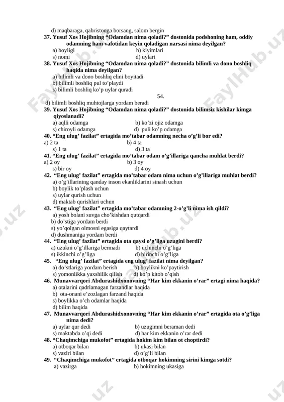 amlar haqida d) bilim haqida 47. munavvarqori abdurashidxonovning “har kim ekkanin o’rar” ertagida ota o’g’liga nima dedi? a) uylar qur dedi b) uzugimni beraman dedi s) maktabda o’qi dedi d) har kim ekkanin o’rar dedi 48. “chaqimchiga mukofot” ertagida hokim kim bilan ot choptirdi? a) otboqar bilan b) ukasi bilan s) vaziri bilan d) o’g’li bilan 49. “chaqimchiga mukofot” ertagida otboqar hokimning sirini kimga sotdi? a) vazirga b) hokimning ukasiga s) hokimning o’g’liga d) podshohga 50. “chaqimchiga mukofot” ertagida hokim chaqimchiga qanday mukofot berdi? a) saroydan quvdi b) cho’lga haydadi s) dorga osdirdi d) boyliklarini olib qo’ydi 51. “omonatga hiyonat” ertagidagi kishiga kim hiyonat qildi? a) o’g’li b) akasi s) ukasi d) do’sti 52. “omonatga hiyonat” ertagidagi do’st nima uchun hiyonat qildi? a) boylik ilinjida b) do’stini yomon ko’rgani uchun s) do’sti qoziga arz qilgani uchun d) do’sti uni hafa qilgani uchun 53. “omonatga hiyonat” ertagida hiyonat qilgan kishiga qanday …