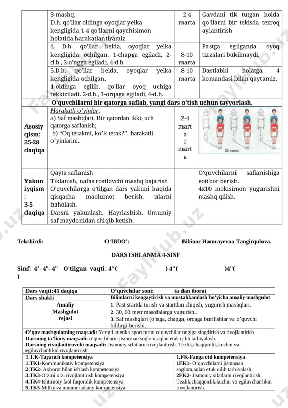 bilimlarini e’lon qilish topshiriqlarni javoblarini to’ldirish,kengaytirish,keying mavzu uchun topshiriqlar berish. topshiriqlarni diqqat bilan bajaradi 5.uyga vazifa (2-daqiqa) o’tilgan mavzu yuzasidan yangiliklarni o’rganib kelish.o’tilgan mavzuni uyda takrorlash tayyorlov qism 10-15 daqiqa asosiy qism 25-30 daqiqa yakuniy qism 3 daqiqa uyga vazifa berish 2 daqiqa 2- soat mavzu: haraktli o’yinlar. a) saf mashqlari. bir qatordan ikki, uch qatorga saflanish; b) “oq terakmi, ko’k terak?”, harakatli o’yinlarini. maqsad: o’quvchilarni jismoniy sifatlarini, chidamlilik va tezkorlikni rivojlantirish. chidamlilikni oshirishga qaratilgan mashqlarni mustaqil bajarish qoidalarini bilish va ularga amal qilishni o’rgatish. dars jihozi: sekundamer, bayroqcha, xushtak va to’plar. o’tish joyi: sport zali, maydon. dars qismlari darsning borishi me’yori uslubiy ko’rsatma kirish-tayyorlov qism: 12-15 daqiqa · saflanish · salomlashish · davomatni aniqlash · o’quvchilarni sog’lig’ini tekshirish · darsning mazmuni va vazifalarini tushuntirish · saf mashqlarini «o’ngga», «chapga», «orqaga» buyruqlarini bajarish. · ilonizi bo’libyurish safda yurish, sekin yugurish, yugurish. 2-marta 3-marta o’quvchilarni bo’y-bo’yi bilan saqlanishiga e’tibor berish. o’quvilarni …