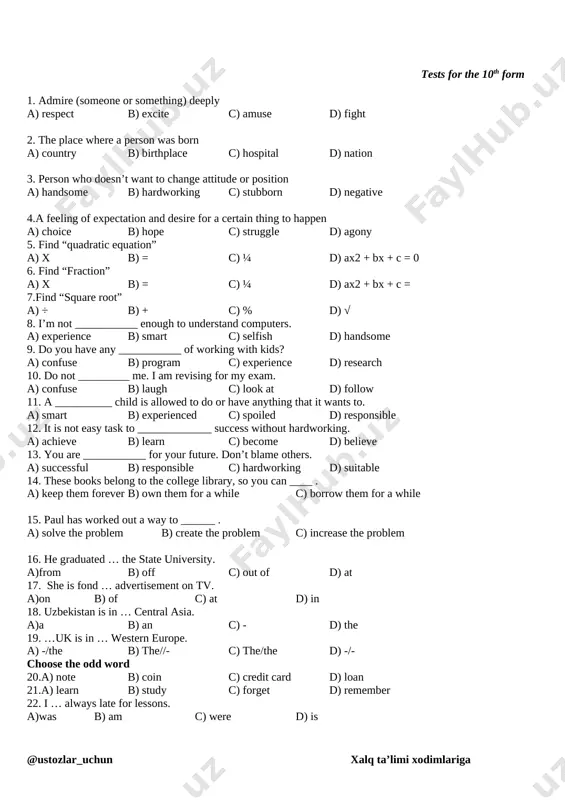 on’t bring chewing gum. 5. wear shorts and short skirts a) 1,2,4 b) 1,2,3,4 c) 2,3,5 d) 1,3,5 77. there is a tv, musical centre, carpets on the floor and a sofa in the ....... a) bedroom b) a dining room c) sitting room d) hall 78.translate into english: sababsiz dars qoldirish, haydalish, qo’rqitish, ko’mak. a) truancy, exclusion, bullying, maintenance b) punish, exclusion, bullying, maintenance c) a&b d) tolerate, punishment, bulliyng 79. the british people like to …… tea. a) drink b) eat c) think d) speak 80. put in order: 03,01, 050 --- …, …., ….. .a) the emergency services, fire brigade, telephone b) services, fire brigade, telephone c) ambulance, fire brigade, the emergency services d) ambulance, fire brigade, the energy service 81. choose the appropriate antonym to the underlined word i often read english books a) weak; b) clever; c) seldom; d) always 82. he gets home at …