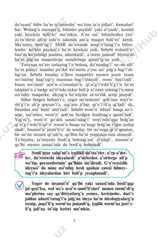 ya- larg’a su’yenedi. xx a’sirdin’ 30-ji’llari’nda germaniyada hu’kim su’rgen fa- shizm, wo’tken ju’z ji’lli’qta buri’ng’i’ sssr aymag’i’nda tami’r jayg’an sovet du’ziminin’ jaramsi’z ha’reketleri bug’an mi’sal bola aladi’. do’retiwshi ideya menen ideologiyalar bolsa wo’z ta’sirin ag’arti’wshi’li’q tiykari’nda ku’sheytiwge umti’ladi’. prezident islam karimov aytqani’nday, wolar zuli’mli’qqa qarsi’ ag’arti’wshi’li’q penen gu’res ali’p baradi’. do’retiwshi ideya – jarati’w ha’m payda yetiwge, jaqsi’- li’qqa xi’zmet yetetug’i’n ideya boli’p yesaplanadi’. do’retiwshi ideya ha’m ideo- logiyag’a iye bolg’an xali’q hesh qashan buzg’i’nshi’ ku’shler ta’si- rine tu’speydi. sebebi bunda woni’n’ qa’lbi ha’m sanasi’ ana jurtqa muhabbat, watang’a sadi’q- li’q, ma’rtlik, pidayi’li’q sezimleri- ne, wo’z ku’shine bolg’an isenimi- ne toli’ boladi’. biz g’a’rezsizlikke yeriskeni- mizden son’ yelimizdin’ jer asti’ ha’m jer u’sti bayli’qlari’ menen birge, xalqi’mi’zdi’n’ ma’nawiy du’nyasi’n, qa’lbin ha’m sanasi’n ! 7 asi’raw, bayi’ti’w ma’selesi de yen’ a’hmiyetli wazi’ypag’a aylandi’. usi’ maqsette yelimizde ko’plep isler a’melge asi’ri’l- maqta, soni’n’ ishinde, milliy ideyami’zdi’n’ tiykarg’i’ tu’sinik ha’m principleri qa’liplestirilip, jetilistirilmekte. …