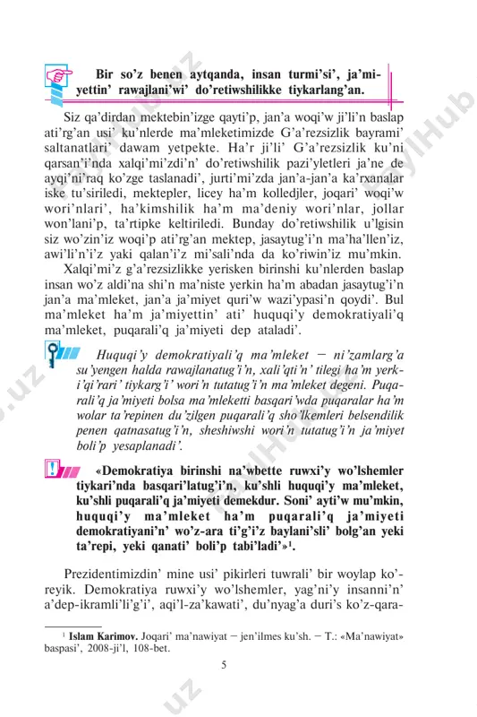 si’ qa’siyetlerdi ju’zege shi’g’ari’w ushi’n, da’slep adamni’n’ wo’zi ha’reket yetiwi kerek. soni’n’ menen birge, ma’mleket ha’m ja’miyet te bul ma’selede jeterli sharayat jarati’p beriwi kerek. ma’mleket ha’m ja’miyet mine usi’ni’n’ ushi’n da ke- rek.wolay bolmasa, adamni’n’ ku’sh-g’ayrati’ da, qa’bileti menen talanti’ da waqti’nda isletilmegeni, rawajlandi’ri’lmag’ani’ sebepli so’nip, pa’seyip ketedi. soni’n’ ushi’n ma’mleketimizde jan’a ja’miyet quri’wda, yen’ aldi’ menen, insan yen’ tiykarg’i’ do’re- tiwshi ku’sh si’pati’nda uli’g’lanbaqta. xalqi’mi’z, a’sirese, jaslardi’n’ ku’sh-g’ayrati’n, qa’biletin ha’m talanti’n do’retiwshilik joli’na bag’darlaw, buni’n’ ushi’n wolarg’a zamanago’y talaplar tiykari’nda ta’lim-ta’rbiya beriw, aldi’n’g’i’ ka’sip-wo’nerlerdi u’yretiw, wolardi’ fizikali’q ha’m ruwxi’y jaqtan jetik insanlar yetip yer jetkiziwge u’lken a’hmiyet berilmekte. salamatli’qti’ ha’m ba’rkamalli’qti’ do’retiwshilik tuyg’i’si’si’z ko’z aldi’mi’zg’a keltiriw mu’mkin yemes. do’retiwshilik ulli’ pazi’ylet boli’p, wol ha’r ku’ni, ha’r saatta iygilikli islerdi atqari’p jasaw, nenidur jarati’w, nenidur woylap tabi’w, qoli’mi’zdi’ jumi’sqa, miyimizdi pikirlewge, qa’lbimizdi haq niyetli sezimlerge ti’ni’msi’z u’yretip bari’w pazi’yleti boli’p yesaplanadi’. bunday pazi’ylet iyesinin’ isi shala bolmaydi’.wol baslag’an jumi’si’n …