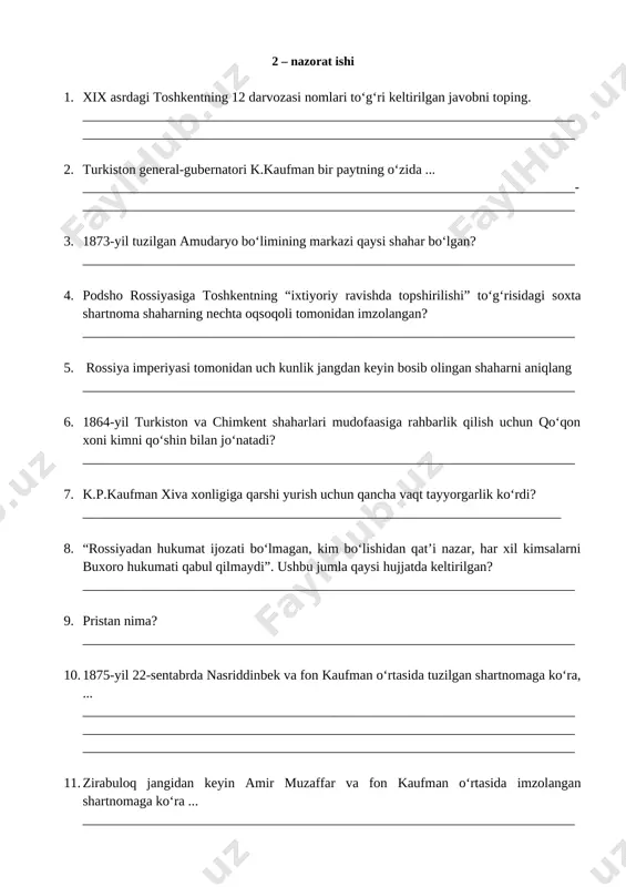darvozasi deb nom olgan qal’ani aniqlang. ________________________________________________________________________ 3 – nazorat ishi 1. [image: ] bu nima? a) chig’ir b) charxpalak c) suv ayirg’ich d) tegirmon 2. [image: ]bu yerdagi bolalar maktabini kimlar tashkil qilgan? a) yangi boy-savdogarlar b) rus amaldorlari c) jadidlar d) ruhoniylar 3. [image: ]bu inson haqidagi qaysi fikr to’g’ri? a) 1910 yilda turkiston jadidlari orasida eng yoshi edi b) “birinchi muallim” kiboni yozgan c) 1915 yilda islom tarixiga oid asar yozdi d) 1878-yil toshkentda hunarmand oilasida tug’ildi 4. [image: ]bu kim? a) mahmudxo’ja behbudiy b) munavvarqori abdurashidxonov c) abdulla avloniy d) abdulhamid cho’lpon 5. [image: ] bu lavozim egasining vazifasi nimadan iborat edi? a) xazina va zakot yig’imini boshqargan b) diniy sudlov ishlariga rahbarlik qilgan c) amirlikdagi ta’lim muassalarini boshqargan d) har kuni shaxsan hukmdorga amirlikdagi ahvol to’g’risida ma’lumot bergan 6. [image: ] hunarmandchilikning qaysi turi tasvirlangan? a) g’alvir yasash b) ip yigirish c) maxsi tikish d) …