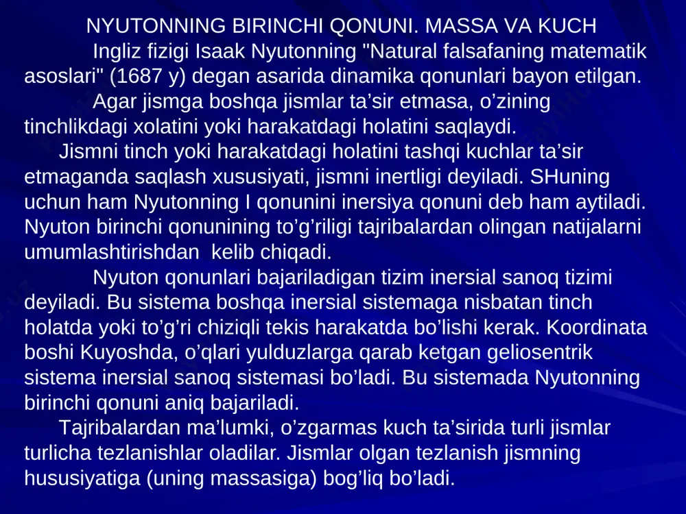 lg a n turli isimli z a ryadl a ng a n ikki jismni ko ’ r a ylik (3.1 - r a sm ). g ’ 1 v a g ’ 2 kuchl a r t a ’ sirid a jisml a r a 1 v a a 2 t e zl a nishl a r o l a di . ikkinchi q o nung a ko ’ r a g ’ 1 = m 1 a 1 v a f 2 = m 2 a 2 (3.9) 3.8 v a 3.9 - t e nglikl a rd a n m 1 a 1 =  m 2 a 2 yoki a 1 =  , 1 2 2 m a m ya’ni o’z a r o t a ’sirl a shuvchi jisml a r t e zl a nishl a ri ul a rning m a ss a …