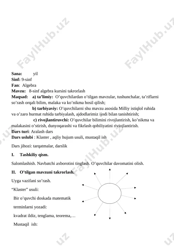hi (-1;4) nuqtada bo’ladi. x y 0 3 1 0 2 -5 -3 0 -1 4 iii. yangi mavzuning bayoni iv.mustahkamlash. 60-62 –misollar v.baholash vi.uyga vazifa. 63 –misol sana: sinf: 9-sinf fan: algebra mavzu: misollar yechish №64-67 maqsad: a) ta’limiy: o’quvchilarga kvadrat tengsizlik va uning yechimini o’rgatish orqali bilim, malaka va ko’nikma hosil qilish; b) tarbiyaviy: oquvchilarni shu mavzu asosida o’zaro hurmat ruhida tarbiyalash; c) rivojlantiruvchi: o’quvchilar bilimini rivojlantirish, ko’nikma va malakasini o’stirish, dunyoqarashi va fikrlash qobiliyatini riviojlantirish. dars turi: aralash dars dars uslubi : savol- javob i. i. tashkiliy qism. salomlashish. navbatchi o’quvchining o’quvchilar davomati, ob-havo, o’quvchilarning darsga tayyorligi to’g’risidagi axborotini tinglash. ii. ii. o’tilgan mavzuni so’rash uyga vazifalarni tekshirish. quyidagi tengsizliklardan qaysi biri kvadrat tengsizlik ekanini ko’rsating: 1) 4)4x-5 0 6)x4-16>0 aqliy hujum: · qanday tengsizlik kvadrat tengsizlik deyiladi? · tengsizlikning yechimi deb nimaga aytiladi? · tengsizlikni yechish nima? · y=3 parabola qaysi choraklarda joylashgan? · y= - …