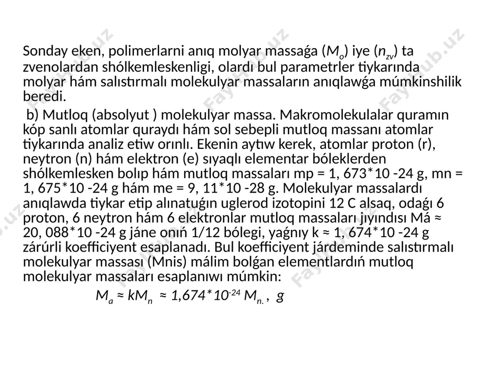 atında, yaǵnıy polimerni izbe-iz juwıw arqalı ámelge asırılıwı múmkin. sonıń menen birge, fraksiyalab eritiwdiń taǵı bir jolı, yaǵnıy erituvchining termodinamik sapasın jaqsılaw temperaturanı asırıw arqalı ámelge asırılıwı múmkin. c) temperaturanı ózgertiw menen fraksiyalash. usı usıl temperaturanı tómenlep barıwı menen polimerning eriwsheńligi jamanlasıwı hám izbe-iz túrde shókpege tusha baslawına tiykarlanǵan bolıp tabıladı. onıń basqa usıllarǵa salıstırǵanda málim abzallıqları hám saldamlı talapları bar. bunda bir ǵana erituvchi tiykarında tayarlaǵan polimerning 1 % li eritpesi qollanıladı. eritpeden muayyon bir temperaturasın 1 - 10 oc átirapında ózgertiw, yaǵnıy termodinamik sapasın izbe-iz jamanlastırıw arqalı fraksiyalar ajıratıp alınadı. d) analitik usılları taypasına xromatografik fraksiyalash, gel-kiruvchan xromatografiya, ultratsentrafuga, turbidimetrik titrlash sıyaqlılar kiredi. xromatografik fraksiyalash usılında fraksiyalanadigan polimer menen oralǵan shıyshe sharikler (40÷70 mkm) menen toldırılǵan arnawlı xromatografik kolonkalardan elyuent úlken basım astında oqadi hám óz jolında polimerni juwıp ótedi hám de onı túrli fraksiyalarga ajratadı. bunday jol menen 10 nan 25 danege fraksiyalar alıw múmkin boladı. sonıń …