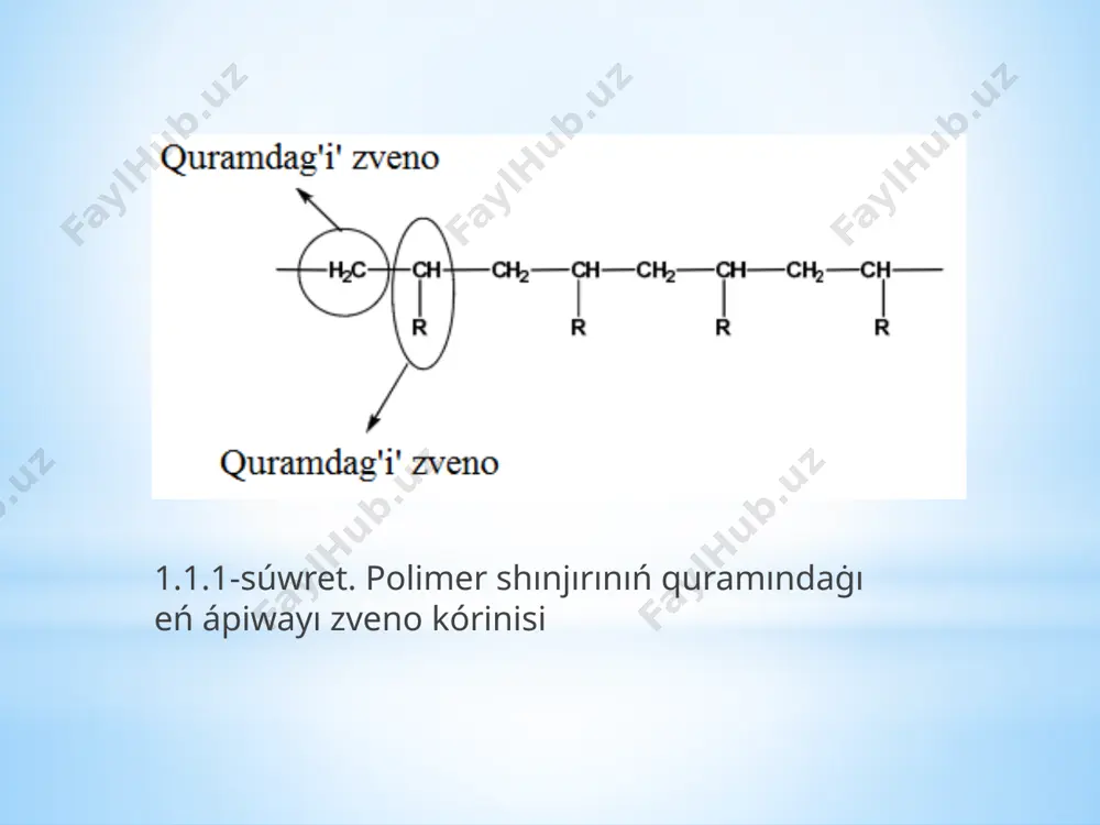 merlerdi ń atamaları : polimer shınjırını ń strukturası iupac nomenklaturası boyınsha atamaları ratsionallı nomenklatura boyınsha atamalar poli ( metilen ) polietilen ( pe ) poli (1 - metiletilen ) poliprop ilen pp poli (1,1 - dimetil etilen ) poliizobutilen pi̇b poli (1 - feniletilen ) polistirol ps poli (1 - xloretilen ) poli ( vinilxlorid ) pvx poli (1 - tsianoetilen ) poli ( akrilonitril ) pan poli ( atsetoksietilen ) poli ( vinilatsetat ) pva poli (1,1 - diftoretilen ) poli ( vinilidenftorid ) pvf image10.emf 1. 2.3 - s ú wret . makromolekula d ú zilisi boyınsha polimerdi ń klassifikatsiyalanıwı : a - sızıqlı , b - tarmaqlan ġan , v - juldız tárizli , g - dendrimerler , d - eskek tárizli , e - tigilgen , j - tekshee tárizli [1]. image11.emf polimerlerdi ń ximiyalıq klassifikatsiyası shınjırdı ń quramına kiretuġın atomlar tipine qaray otırıp klassifikatsiyalanadı : …