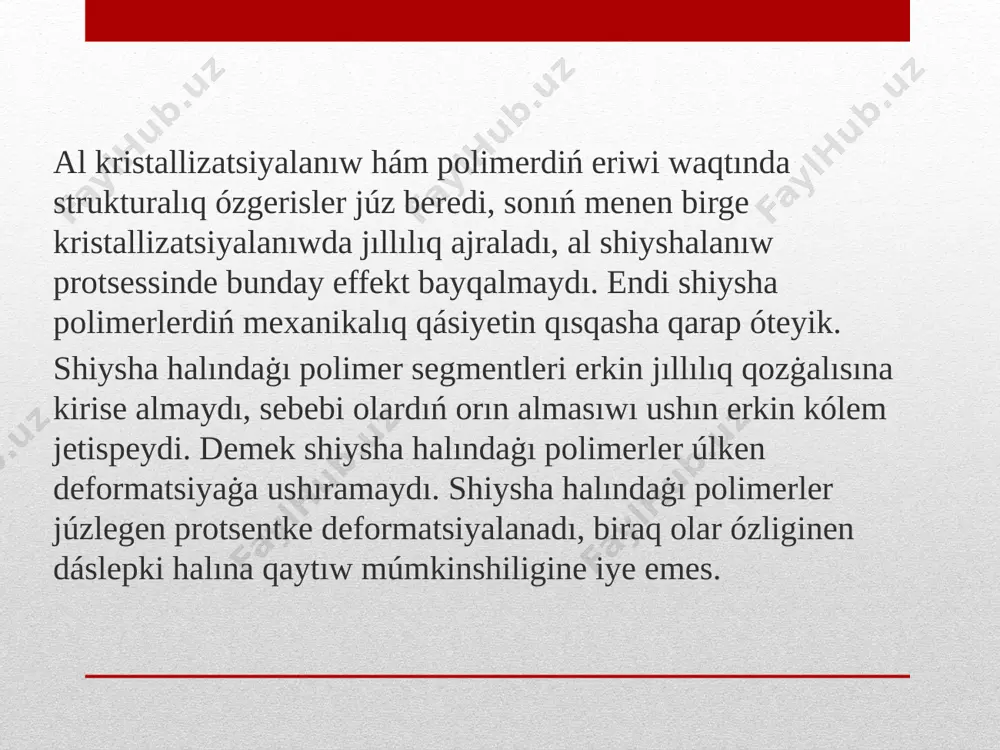 sáykes keledi hám joqarı orientatsiyalanġan polimer úlgisiniń úziliwine alıp keledi. kristall polimerlerdiń deformatsiyası polimerlerdiń relaksatsiyalıq qásiyetlerine ġárezli boladı, yaġnıy deformatsiyalanıw tezliginiń jıllılıq qozġalısı tásirinde erkin segmentlerdiń orın almasıw tezligine qatnası menen anıqlanıladı. 3.5.3-súwret. kristall polimerdiń kernew-deformatsiya iymeginiń formasına deformatsiya tezligi yamasa temperaturanıń tásiri. polimerdiń aġım shegi deformatsiya tezliginiń kúsheyiwi menen yamasa temperaturanıń páseyiwi menen joqarılaydı (3.4.3-súwret). 3.4.3-súwretten kórinip turġanımızday polimerdiń aġım shegi deformatsiya tezligi yamasa temperatura tásirine baylanıslı ózgeriwi múmkin. juwmaqlap aytqanda regulyar makromolekulaġa iye polimerler kristallanıw qásiyetine iye boladı. kristallanıw protsessinde segmentlerden basqa makromolekulalarda qatnasıw uqıbına iye boladı. orientatsiyalanġan strukturalıq elementler polimerdiń bekkemligin hám serpimlilik modulin asıradı. diqqatlarin’iz ushin raxmet!!! image2.png image3.png image4.png image5.emf payda bolġan zarodısh – statistikalıq birikpe bolıp , ol tarqalıp ketiwide , yamasa qo ń sı makromolekulalardı ń segmentlerin ó zine qosıp alıw esabınan ó siwide m ú mkin . erigen polimerdi suwıtıw barısında k ristall zarodıshlarını ń k ó beyiwi waqıtqa proportsional boladı hám …