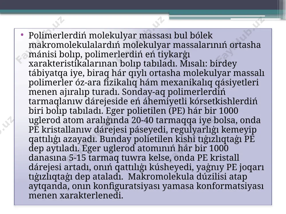 l energiyasınıń ózgeriwi hár qıylı boladı. bul ózgeris shınjırdaġı valentli múyeshler mánisine baylanıslı bolġan halda bir qatar minimum hám maksimum mánislerine iye boladı. eń shuqır minimum mánisi statsionar bolġan aylanıs trans-izomeriyasına sáykes keledi, sebebi onda atomlar bir-birinen ádewir uzaq jaylasadı. tsis- izomeriyada atomlar ústpe-úst jaylasqan hám potentsial energiyanıń mánisi maksimum boladı. sonday-aq, oralġan shınjırlardı xarakterlewshi gosh-izomeriya hám bar bolıp, ol energetikalıq tárepten trans- hám tsis- izomeriyalar aralıġında jaylasadı. minimum jaġdaydan maksimum jaġdayġa ótiw ushın zárúr bolġan energiya, aylanıstıń aktivlik energiyası delinedi. polimer molekulasınıń forması, makromolekula segmentiniń hám konturınıń uzınlġına baylanıslı boladı. ulıwma alġanda makromolekulanıń konformatsiyası, onıń jıllılıq hám basqa da háreketler tásirinde belgili bir waqıtta keńislikte iyelegen forması bolıp tabıladı makromolekulaġa termodinamikalıq qolaylı haldı iyelew tán, bul onıń tártipsiz oralġan klubok-statistikalıq forması (halı) boladı. eger bul klubok óz-ara tásirge ushıramasa, mısal ushın eritiwshi menen tásirlespese, onda ol gauss klubogi dep ataladı. polimer shınjırında elementar aġzalar, yaġnıy monomerlerdiń izbe-iz tákrarlanıp keliwiniń …