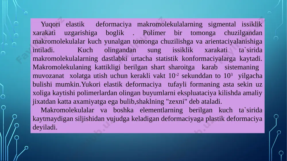 ayda teshikchalar ulchami esa 100 a gacha buladi. struktur elementlarni kattalanishi uzunlik buyicha boradi.elementar fibrillaning uzunligi 300 a ga yakin, mikrofibrillaniki esa 2-3mkm.elektron mikroskopda kurinadigan cellyulozaning malekula kayta tashkil etgan strukturalari asimetrik darajasi 1:10-1:15 bulgan zarrachalardir. sellyuloza materiali - monolit emas, balki molekulalarining murakkab ansambli bulib, ularning joylanish zichligi xar boskichda xar xil buladi.materialda bushlik va mayda teshikchalarning mavjudligi cellyuloza tolalarining reakciyaga kirishish xususiyatini,buyalishini va shunga uxshashlarni kursatadi. oksil tolalarida (keratin) struktura xosil kilish cellyuloza tolalari bilan principial ravishda bir xil buladi. keratin makromolekulalarining muvozanat konformaciyasi 7 a 0 spiral bulib xisoblanadi. cistinning mavjudligi ,keratin polimer zanjirlari orasida ximiyaviy boglanishlar - disul`fid boglanishlarni paydo bulishiga sabab buladi. keratinning uchta makromolekulasi pachkaga (proto fibrillaga)associyalanadi,11 ta protofibrilla - mikrofibrillaga va xokazo xar xil jun tola strukturalarining turli tumanligi molekulaning kayta tashkil kilgan strukturalarining paydo bulish boskichlaridagi joylanish zichligi xar xil bulgan oblastlarning mavjudligidandir. takrorlash uchun savollar: 1. mexanik kuch ta`sir etganda polimerlarning …
