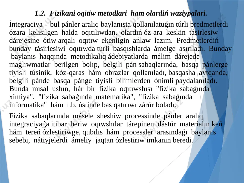 alınadı. bunda studenttiń bilimin, uqıpın sınap kóriw, temperamenti anıqlaw hám basqa kerekli maǵlıwmatlardı alıw múmkin. sáwbet usılı, davra sáwbeti usılı. tálim alıwshılar davra stolida o'tirib, bir-birleriniń sorawlarına konvert arqalı juwap jazıwadı. bul oqıtıw hám oqıwdıń dialogik, soraw -juwap usılı bolıp tabıladı. sáwbet individual hám gruppa formasında ótkeriliwi múmkin. basqalardı oqıtıw usılı. bul usılda tálim alıwshılar qoyılǵan mashqala boyınsha bir-birlerine informaciyalar hám maǵlıwmatlardı uyretediler. monıtorıń (analiz qılıw ) usılı. ótilip atırǵan temanı basınan onı yorituvchi hám oǵan yo'naltiruvchi bir qansha sorawlar ortaǵa taslanadı. hámme sorawlarǵa berilgen barlıq juwaplar analiz etilip, temanıń mazmunı hám maqseti ashıladı. lektor sistemasında ótiw usılı. bul bolsa aralıqtan turıp oqıtıwda júdá qol keledi hám de bilimlerdi jetilistiriw hám qayta tayarlaw sistemasında onı qollasak zamanagóy etuk kadrlarǵa tálim beriwde júdá kóp hár tárepleme qolaylıqlar keltirip shıǵaradı. bunıń nátiyjesinde málim bir keshirimli sebeplerge kóre bilimlerdi jetilistiriw oqıw orınlarına kela almaǵan tıńlawshılar da bilimlerdi jetilistiriw múmkinshiligine iye boladılar. mashqalalı sabaq …
