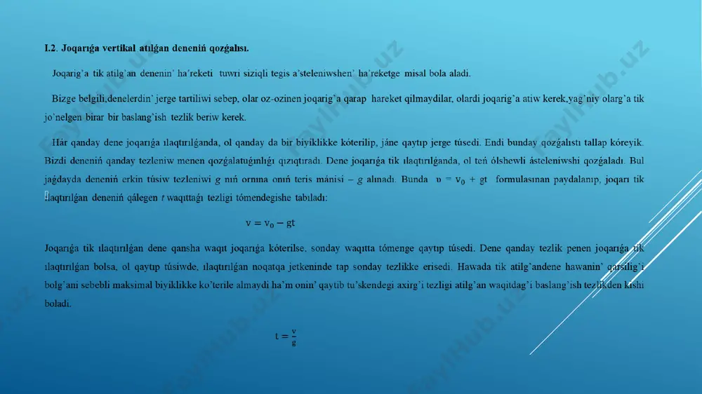 lendiriwdiń tiykarǵı shólkemlestiriw forması, ol belgili muǵdardaǵı turaqlı oqıwshılar sostavı menen shólkemlsetiriletuǵın hám anıq maqsetke baǵdarlanǵan didaktikalıq tádbir. yan amos komenskiy (1592-1670) kásiplik tayarlıq aldına qoyılǵan wazıypalar bilimlendiriw mazmunına tómendegi talaplardı qoyadı: 1. hár tárepleme bárkamallıqtı támiyinlewshi ulıwma bilimlendiriw, ulıwma kásiplik hám arnawlı bilimlendiriwdiń óz-ara baylanısta bolıwı; 2. i̇lim, texnika hám mádeniyat jeńislerin bilimlendiriw mazmunında sáwleleniwi; 3. ulıwma bilimlendiriw pánleriniń kásipke baǵdarlanǵanlıǵı hám komplekslik pánler aralıq baylanısta támiyinlew; 4. bilimlendiriw, tárbiyalıq hám islep shıǵarıw processleriniń óz-ara baylanısqanlıǵı hám óz-ara bir-birin talap etiwin támiyinlew; 5. zamanagóy materiallar, mexanizaciyalanǵan hám avtomatlastırılǵan qurılmalardan paydalanǵan halda texnologiyalıq processlerdiń izbe-izligi, úzliksizligi hám qáwipsizlik texnikası qádelerine ámel qılıp, islep shıǵarıw bilimlendiriw mazmunında túrli quramalılıqtaǵı oqıw-islep shıǵarıw wazıypaları sıpatında ańlatılıwı; 6. kásiplik bilimlendiriw processinde nátiyjeli forma, metod hám úskenelerden paydalanǵan halda bilim alıwshılardıń erkinligin, dóretiwshiligin, sociallıq aktivligin támiyinlew. ,,denelerdin’ erkin tusiwi’’ temasin oqitiwda to’mendegishe metodlardan paydalansaq boladi. "klaster" (tarmaqlar) metodı – pikirlerdiń tarmaqlarǵa bóliniwshi pedagogikalıq strategiya bolıp, …