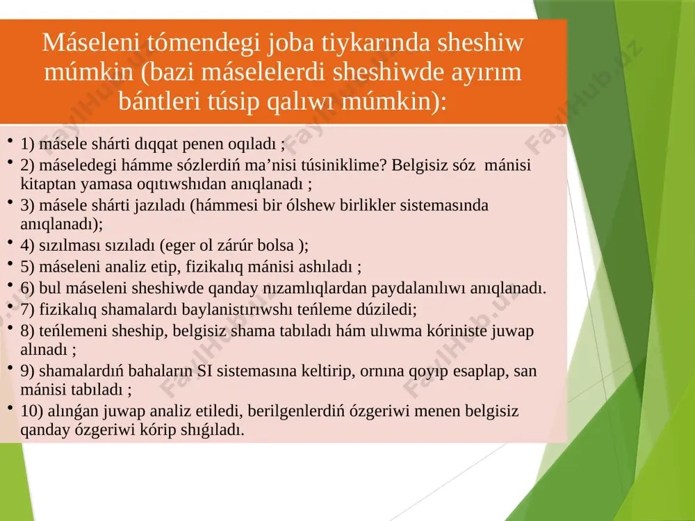 máseleler esaplaw máselelerinin’ kóbisin quraydı. bunday kórinistegi máselelerdi sheshpesten, oqıwshılar bul nızamlardıń fizikalıq mazmunın jetkiliklishe tereńirek túsinip ala almaydı. mısalı, oqıwshılar nyuton nızamların jaqsı ózlestirip alǵan bolsada, eger óz-ara teń salmaqlılıqta emes kúshler ta’sirindegi dene háreketi ushın teńleme dúziw talap etiletuǵın másele sheshetuǵın bolsa, olar bunday máseleni sheshiw ushın qıynaladı. grafiklı máseleler. fizika oqıtıwda grafik máselelerdiń áhmiyeti tiykarınan eki jaǵday menen anıqlanadı. 1. fizikalıq hádiyselerdi úyreniwde kóbinese bizni qorshap alǵan tábiyaat hám texnikada júz beretuǵın processlerdi xarakterleytuǵın shamalar arasındaǵı funksional baylanısıwlar anıqlanadı. bul túsinik hádiyselerdiń óz-ara baǵlıqlıǵın ańlatadı. funksional baylanısıwdı grafiklı ańlatıw bul baylanısıwdı eń ayqın hám túsinikli etip ańlatpalap beredi. orta mektepte birqatar jaǵdaylarda ayırım processler (mısalı ózgeriwshen kúshtiń atqarǵan jumısı) grafik jaǵdayda beriliwi múmkin, olardı fizikani úyreniwdiń sońǵı basqıshlarida analitik ańlatıw múmkin. 2. grafiklı máseleler hám shınıǵıwlar fizikalıq nizamlıqlardı sanalı ózlestiriwge járdem beredi. fizika oqıtıw procesin aktivlashtiriwde ásirese olardıń roli úlken.grafik máselelerge: másele shártindekeltirilgen grafiklerde analiz qılıw menen …