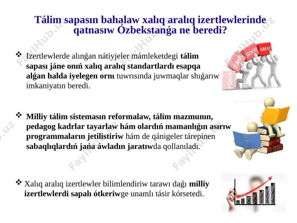 wa / yaq iii awa / yaq iv awa / yaq oqıwshılardıń kompetentligin anıqlawǵa jóneltirilgen oqıw tapsırmalarınan u’lgiler (matematika, texnologiya ) lala tóbearqasinda gúlzar uyımlastırmaqshı. ol jaǵdayda gúlzar átirapın shegara menen tańıw ushın 32 metr sım bar. lala tómende berilgen qaysı sırtqı kórinislerde gúl egiwi múmkin? gu’lzar berilgen kesteniń hár bir qatarından “awa” yamasa “yaq” belgisin belgileń. gu’lzar ko’rinisi 32 metrlik sım shegarasın tolıq qorshap shıǵıwǵa jetedime? i awa / yaq ii awa / yaq iii awa / yaq iv awa / yaq i ko’rinis ii ko’rinis iii ko’rinis iv ko’rinis oqıwshılardıń kompetentligin anıqlawǵa jóneltirilgen oqıw tapsırmalarınan u’lgiler (matematika, biologiya) ju’ziw ha’wizi 1-tapsırma: berilgen formulalar ishinen júziw háwizine toldıriletuǵın suw kóleminiń waqıtqa baylanısıwın ańlatiwshı formulanı kórsetiń. a) v=100 t b) v=200 t c) v=400 t d) v=600 t 2-tapsirma: júziw háwizine 4 saatta toldıriletuǵın suwdiń kólemi, 5 saatta toldıriletuǵın suw kóleminiń qansha payızın quraydı? juwabi: 80 % 3-tapsirma: júziw háwizinde …