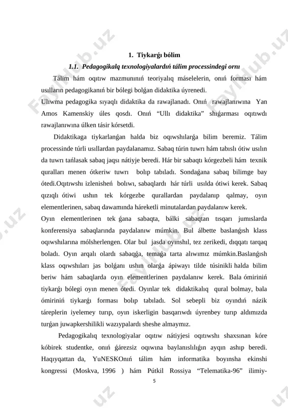 riwleri boyınsha tapsırmalar dúziledi. oqiw maqsetleri, tapsirmalar (test) hàm juwmaqlawshi nàtiyje, aldinnan belgilengennen soń oqiw processi baslanadi. oniñ tiykarģı mazmuni aniq belgilengennen soń juwmaqlawshi maqsetke toliq erisiwge qaray baģdarlandiriladi. bunda oqıtıwshıǵa test yamasa basqa túrdegi tapsırmalardan, oqıwshılar biliw processin aktivlestiriwshi túrli didaktikalıq konstruktsiyalar hám qurallardan paydalanıw erkinligi beriledi. eń áhmiyetlisi, juwmaqlawshı nátiyjege erisiw kepilliklense bolǵanı. oqıtıw nátiyjelerine qaray, oqıw processi mazmunına hám anıqlawtirilgan (jeke) oqıw maqsetlerge dúzetiwler kiritilip barıladı. bul bolsa, bolajaq oqıw processin proektlestiriwde zárúrli áhmiyetke iye boladı. pedagogikalıq texnologiyalarda oqıw processin tákirarlawshı xarakterge iyebolıwı tómendegishe tusintiriledi. oqıw processi maman qánige yamasa tájiriybeli oqıtıwshılar tárepinen dúzilgen tapsırma (test) ler boyınsha ámelge asırılar eken, ol jaǵdayda uqıpı túrlishe bolǵan oqıtıwshılar derlik birdey nátiyjege erisiwleri múmkin v. p. bespalko aytıp ótkenindey: “pedagogikalıq texnologiya, (sabaq ótetuǵın) oqıtıwshı uqıpına baylanıslı bolmaǵan halda pedagogikalıq tabıstı kepilley alatuǵın, oqıwshı - student shaxsın qáliplestiriw processin ańlatıw –joybarlaw esaplanadı”. haqıyqattan da aqshda jaratılǵan hám yunesko tárepinen maqullanǵan …