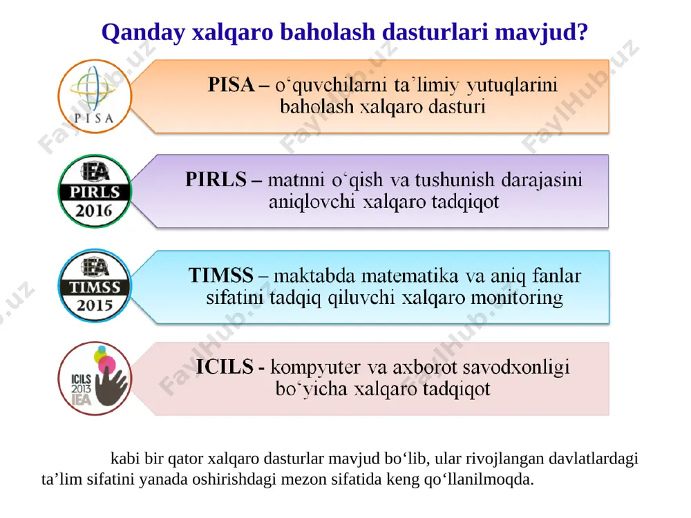yarim yillikda +1,7 % o‘sish kuzatilgan diagramma1 1-yarim yillik 2-yarim yillik stolbets1 [diapazon yacheek] [diapazon yacheek] 0.609 0.626 list1 stolbets1 1-yarim yillik 60.9% 2-yarim yillik 62.6% xalqaro baholash dasturlari tadqiqotlarida ijobiy natijaga erishish uchun nimalarni amalga oshirish lozim? o‘quvchilarning kompetentligini aniqlashga yo‘naltirilgan o‘quv topshiriqlaridan na’munalar (fizika) grafikda poyga avtomobilining 3 kilometrlik aylanma yo‘lni ikkinchi marta aylanishdagi tezligining o‘zgarishi ko‘rsatilgan. poyga avtomobilining tezligi 1-topshiriq: start chizig‘idan yo‘lning eng uzun to‘g‘ri chiziqli qismigacha taxminan qancha masofaga bor? 0,5 km b) 1,5 km c) 2,3 km d) 2,6 km 2-topshiriq: ikkinchi aylanishda yo‘lning qaysi qismida avtomobilning tezligi eng kichik qiymatga ega bo‘lgan? a) start chizig‘ida b) taxminan 0,8 km nuqtada c) taxminan 1,3 km nuqtada d) taxminan yo‘lning o‘rtasida 3-topshiriq: yo‘lning 2,6 km va 2,8 km lik nuqtalari orasida avtomobilning tezligi haqida nima deyish mumkin? javob: avtomobil tezligi ortadi poyga avtomobilining tezligi poyga avtomobilining tezligi 4-topshiriq: quyida 5 ta turli xil shakldagi poyga …
