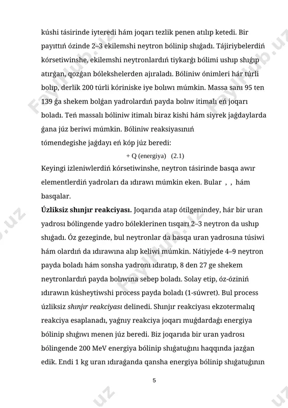uǵın tayaqshalar járdeminde ámelge asırıladı. shınjır reakciyasınıń rawajlanıwı bólinip atırǵan yadrolar sanınıń úzliksiz artıwına, yaǵnıy reaktor quwatınıń artıwına alıp keledi. shınjır reakciyası sel xarakterin almawı ushın neytronlardıń kóbeyiw koefficientin birge teń etip turıwı kerek. al, bul basqarıwshı tayaqshalar járdeminde ámelge asırıladı. basqarıwshı tayaqshalar reaktordıń aktiv zonasınan tartıp alınǵanda k>1, tolıq kirgizip qoyılǵanda k 1) aktiv zonanıń kólemi qanday da kritikalıq mánisten kishi bolmawı kerek. aktiv zonanıń shınjır reakciyasın ámelge asırıw múmkin bolǵan eń kishi kólemi kritikalıq kólem delinedi. kritikalıq kólemde jaylasqan janılǵı massası kritikalıq massa delinedi. óz-ózinen bolatuǵın shınjır reakciyası júz beriwi ushın zárúr bolǵan uran massasınıń minimal mánisine kritikalıq massa delinedi. qurılmanıń dúzilisi hám janılǵınıń túrine qarap, kritikalıq massa bir neshe júz grammnan, bir neshe on tonnalarǵa shekem bolıwı múmkin. uran bólegi ushın kritikalıq massa 50 kg dı quraydı. usınday massalı urannan 9 cm radiuslı shar jasaw múmkin. yadro reaktorınan qorǵanıw. shınjır reakciyasında neytronlar, β- hám γ-nurlanıwlar deregi bolǵan …