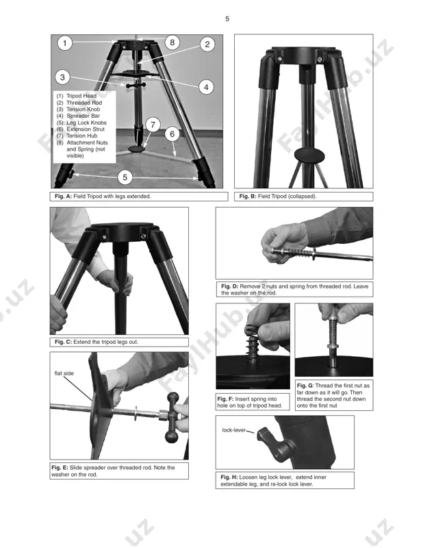 e spreader bar (pg. 5, fig. a, 4) has been removed for shipment. unscrew the attachment nuts and spring from the spreader bar's threaded rod (pg. 5, fig. a, 2). leave the washer on the bar. see fig. d on page 5. slide the spring into the hole on top of the tripod head (pg. 5, fig. a, 1). slide the spreader bar onto the threaded rod on top of the washer that is already on the threaded rod. position the spreader bar with the flat side facing upward (pg. 5, fig. e). slide the threaded rod back through the tripod head from underneath and through the spring. rethread the first attachment nut over the threaded rod as far down as it will go. then thread the second nut until it is on top of the first nut. push the rod up higher from underneath to make it easier to …
