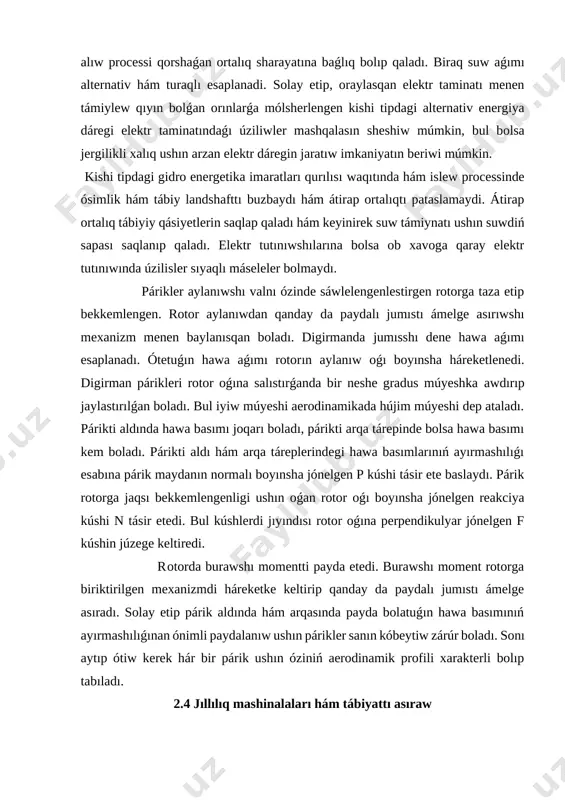 ótiw kerek hár bir párik ushın óziniń aerodinamik profili xarakterli bolıp tabıladı. 2.4 jıllılıq mashinalaları hám tábiyattı asıraw insaniyattıń búgingi ómirin jıllılıq mashinalarsız kóz aldımızǵa keltire almaymız. hár túrli markadaǵı jeńil mashinalar, avtobuslar, suwda júziwshi kemeler, poezdler, samolyotlar hám basqa transportlar jıllılıq dvigatelleri járdeminde háreketlenedi. jıllılıq mashinaları janarmaydıń janıwı menen háreketlenedi. olarda janarmay sıpatında benzin, kerosin, suyılttırılǵan propan hám metan gazinen paydalanıladı. ushıp baratırǵan samolyottı, ornında turǵan mashinanı dıqqat penen baqlasaq, olardıń dvigatelinen tútin kórinisindegi gazlerdiń ajıralıp shıǵıp atırǵanın kóremiz. ishki janıw dvigatelinde janarmay janǵanda, onıń bir bólegi sırtqa tútin bolıp shıǵıp ketedi. bul gazlerdiń tiykarǵı bólegi adam organizmi hám ana tábiyatımız ushın zıyanlı. házirgi waqıtta jer júzindegi dvigateller paydalanılıp atırǵan quwat 1010 kw ǵa jetti. jıllılıq dvigatelleri paydalanılıp atırǵan quwat 3⋅1012 kw ǵa jetkende jer júzinde temperatura shama menen 1o qa kóteriledi. bul úlken muzlıqtıń eriwine hám dúnya okeanı suw qáddiniń kóteriliwine alıp keledi. nátiyjede, teńiz hám okean jaǵalarındaǵı …