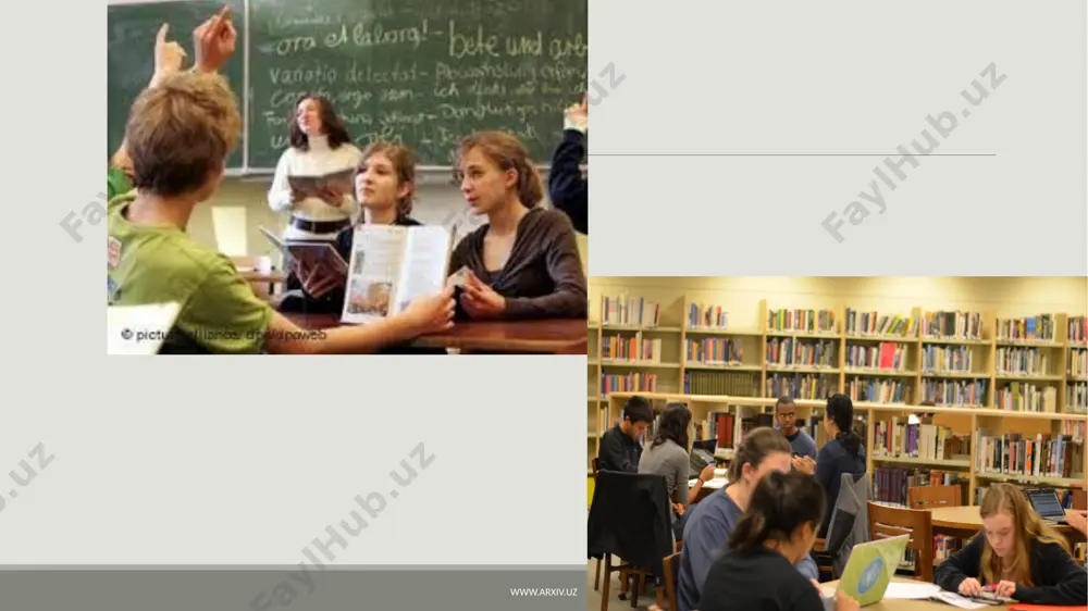 unxendagi lyudvig-maksimillian universiteti evropani tibbiyot bo'yicha etuk mutaxassislar bilan ta'minlaydi. besh asrlik tarixga ega bo'lgan ta'lim maskanida ayni paytda 45 ming talaba tahsil oladi. kasbiy oliy maktablar yoki institutlar olmon ta'lim tizimining o'ziga xos bo'g'ini sifatida muhandis, iqtisodchi, dizayner, mashinasozlik, ishlab chiqarish, axborot texnologiyalari va sog'liqni saqlash yo'nalishlarida mutaxassislar etkazib beradi. ma'lumotlarga ko'ra, germaniyaning 370dan ortiq oliy ta'lim muassasalarida 2 millionga yaqin talaba, jumladan, 246 ming xorijlik tahsil olmoqda. olmon yurti chet ellik talabalar soni bo'yicha dunyoda aqsh va buyuk britaniyadan keyingi o'rinda turadi. www.arxiv.uz www.arxiv.uz foydalanilgan adabiyotlar : karimov i.a. o‘zbekiston respublikasi konstitusiyasining 17 yilligiga bag‘ishlangan tantali majlisda so‘zlagan nutqi. “xalq so‘zi gazetasi”, 2010 yil 28 yanvar “barkamol avlod yili” davlat dasturi. usha manba karimov i.a. yuksak ma’naviyat-ngilmas kuch. toshkent, «ma’naviyat», 2008. barkamol avlod-uzbekiston tarakkiyotining poydevori. toshkent, «shark», 1998 sattorov .m. o‘zbek udumlari toshkent, «fan», 1998 o‘zbek pedagogikasi antologiyasi – t»o‘qituvchi» 1996 hikmatlarga to‘la bu dunyo -t o‘qituvchi 1997 …