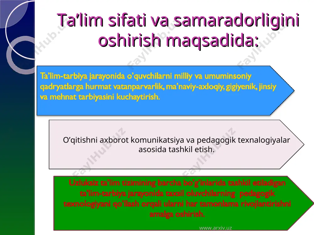 himchalar kiritishni taklif etish orqali ta’minlaydi. shu tufayli ushbu jarayonda o‘kuvchilarning o‘zlashtirgan bilimlari tizimga solinadi, takrorlanadi va mustahkamlanadi. nazoratning tarbiyaviy vazifasi uning o‘kuvchilarni rag‘batlantirish­ni ta’minlash, tahsil olishdagi ma’suliyat va burch tarkib toptirish, hissiyotni shakllani­shi­­da namoyon bo‘ladi. www.arxiv.uz www.arxiv.uz nazoratning rivojlantiruvchi funksiyasi nazoratning rivojlantiruvchi funksiyasi o‘kuvchilarda barqaror diqqat, xotirani mustahkamlash, o‘z-o‘zini nazorat qilish va baholash ko‘nikmalarini egallashlarida ko‘zga tashlanadi. www.arxiv.uz www.arxiv.uz o’z-o’zini nazorat qilish metodi topshiriqlar: qon aylanish sistemasiga nimalar kiradi? qon aylanish sistemasi qanday vazifani bajaradi? yurak qanday joylashgan? yurakning tuzilishini tushuntiring. yurakning vazifasi nimadan iborat? yurakning sistolik va minutlik hajmi nima? tanadan ajratib olingan yurakning ma’lum vaqt davomida ishlab turishi nimaga bog’liq? yurak biotiklari nima? www.arxiv.uz www.arxiv.uz www.arxiv.uz www.arxiv.uz www.arxiv.uz www.arxiv.uz o’quvchilarning javoblari quyidagi mezonlar asosida baholandi. www.arxiv.uz www.arxiv.uz www.arxiv.uz www.arxiv.uz olingan natijalarni tahlil qilish va baholash “odam va uning salomatligi”ni o’qitishda faol metod turlarini asosiy tahlil etilgan darslarda o’quvchilarning qiziqish va ijodiy havaskorligini uyg’otish hamda ilmiy dunyo qarashini …