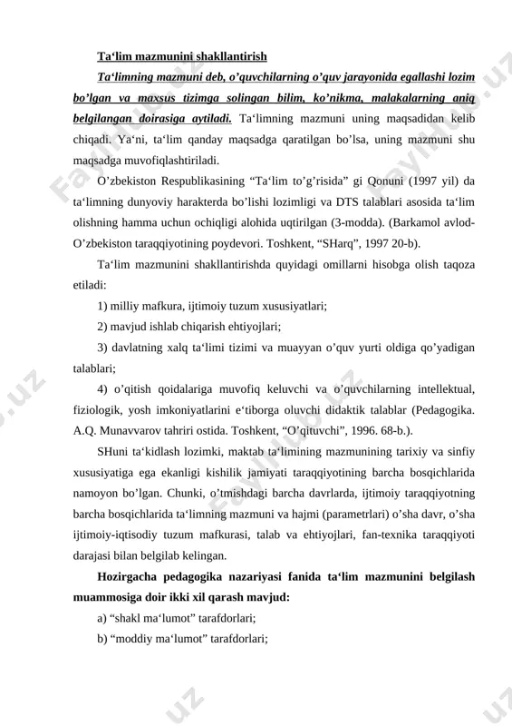 maliy hayotda o’z isbotini topmadi va pedagogika fani nazariyotchilari tomonidan o’tkir tanqid ostiga olindi. ta‘lim mazmunini dunyoviylashtirish uchun utmishda o’z hayotini xavf ostiga qo’yish evaziga kurashgan jadid-ma‘rifatparvarlarning say‘i-harakatlari o’z davri va hozirgi davr nuqtai-nazaridan ijobiy baholanmoqda (qosimov b., ismoilbek gaspirali. toshkent, “o’qituvchi”, 1992). milliy istiqlol davrida ta‘lim mazmunini shakllantirish muammosini hal qilishda o’tmish pedagogikasi merosining ilg’or jihatlariga, xalqimizning milliy xususiyatlariga, milliy istiqlol mafkurasiga, o’zbekistonning o’z istiqlol va tanlangan taraqqiyot yo’liga, hozirgi ijtimoiy taraqqiyot bosqichidagi mamlakatimiz hamda umumbashariy ehtiyojlarga alohida e‘tibor berildi. ta‘lim mazmuni o’quv rejalari, dasturlari va darsliklarda dts talablari doirasida o’z aksini topgan. davlat ta‘lim standartlari (dts) “o’zbekiston respublikasi prezidenti i. karimovning “dasturni bajarish uchun javobgar shaxslar oldiga qo’yilgan vazifalar” (“sharq”, 1999) mavzusi bilan boshlangan xalq ta‘limi vazirligi “axborotnomasi” ning maxsus 7 ta sonida (7 ta kitob) da vazirlar mahkamasining “umumiy o’rta ta‘limning davlat ta‘lim standartlari” (dts) ni tasdiqlash to’g’risida” (16.08.1999) gi qarori, fanlar bo’yicha dts va ularga sharh, …