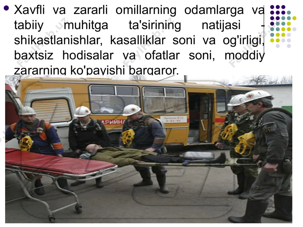 i va hududini tabiiy va texnologen xususiyatli favqulodda vaziyatlardan muhofaza qilish tizimini takomilashtirish maqsadida qabul qilingan. qarorga ilova tarzida keltirilgan «aholini favqulodda vaziyatlardan muhofaza qilish sohasida tayyorlash tartibi to‘g‘risida»gi nizom o‘zbekiston respublikasi aholisini favqulodda vaziyatlardan muhofaza qilish sohasida, shuningdek favqulodda vaziyatlarda harakat qilishga tayyorgarlikdan o‘tayotgan aholi guruhlarini tayyorlashning asosiy vazifalarini, shakllari va usullarini belgilaydi. tabiiy, texnogen va ekologik tusdagi favqulodda vaziyatlarning tasnifi to‘g‘risida (1998 yil 27 oktyabr, 455 – sonli). qaror bilan tasdiqlangan tasnifga muvofiq favqulodda vaziyatlar vujudga kelish sabablariga ko‘ra texnogen, tabiiy va ekologik xususiyatli, ushbu vaziyatlarda zarar ko‘rgan odamlar soniga, moddiy zararlar miqdoriga va ko‘lamlariga qarab lokal, mahalliy, respublika va transschegarali turlarga bo‘linadi. davlat standartlari: 1. “favqulodda vaziyatlarda xavfsizlik. asosiy tushunchalarning atamalari va ta’riflari” (o’z dst 981:2000). 2. “favqulodda vaziyatlarda xavfsizlik. tabiiy favqulodda vaziyatlar” (o’z dst 982:2000). 3. “favqulodda vaziyatlarda xavfsizlik. texnogen favqulodda vaziyatlar. atamalar va ta’riflar” (o’z dst 1015:2002). 4. “favqulodda vaziyatlarda xavfsizlik. favqulodda vaziyatlar monitoringi va …