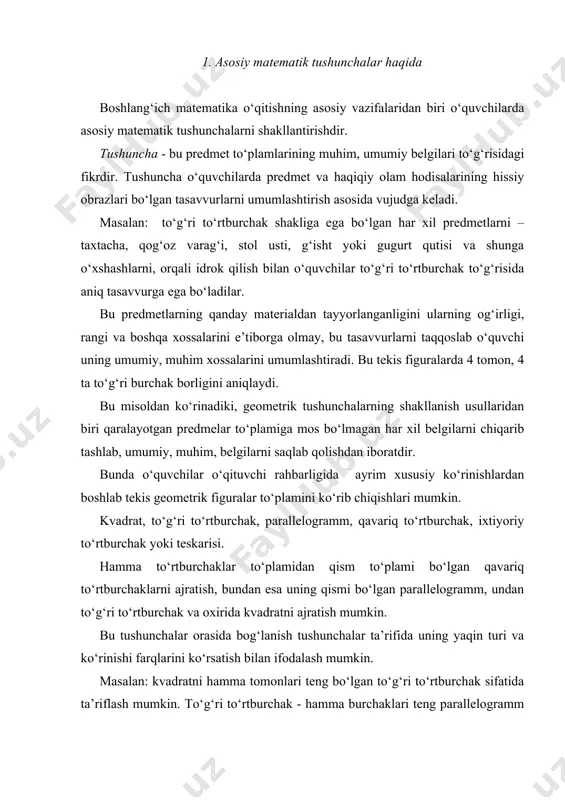 tida, parallelogramm esa qarama-qarshi tomonlari parallel qavariq to‘rtburchak sifatida ta’riflash mumkin. ko‘rsatilgan usul bilan tushunchalarning shakllanishidan tashqari predmetlar orasidagi munosabatni aniqlash ham muhimdir. masalan: geometrik shakl tushunchasi yuqoridagi usul bilan vujudga kelishi mumkin emas. boshqa matematik tushunchalar qaralayotgan ob’ektlar orasidagi munosabatlarni o‘rnatish bilan shakllanadi. masalan: kesmaning uzunligi tushunchasi kesmalarning ekvivalentlik munosabatlarini o‘rnatish (ustma-ust qo‘yganda mos tushuvchi kesmalar ekvivalent deyiladi). kesmaning uzunligini o‘zaro ekvivalenti bo‘lgan kesmalar sinfida xarakterlaydigan umumiylikdir. «natural son» tushunchasi ham chekli to‘plamlar orasida ekvivalent munosabatlar o‘rnatish orqali hosil qilinadi. natural son chekli to‘plamlarni xarakterlovchi umumiylik sifatida qaraladi. 2. o‘quvchilarning o‘quv matematik faoliyatiga rahbarlik qilish. darsda o‘qituvchi o‘quvchilarni o‘qitadi, o‘quvchilar esa o‘qiydi degan fikrni boshqa so‘zlarda quyidagicha ifodalash mumkin: o‘quvchilar, uquv, malaka va bilimlarni egallaydilar, o‘qituvchilar esa bilimni egallash jarayoniga rahbarlik qiladilar. bu rahbarlik o‘qituvchining o‘quvchilar o‘quv faoliyatini tashkil qilishdan iborat bo‘ladi. buning uchun o‘qituvchi kerakli material tanlaydi, uni ma’lum ketma-ketlikda joylashtiradi, o‘quvchilarga bilim manbalarini tavsiya qiladi, o‘quvchilarning o‘zlashtirish …